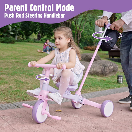 Phobby tricycle steering handle adjusts to different heights for growing kids.