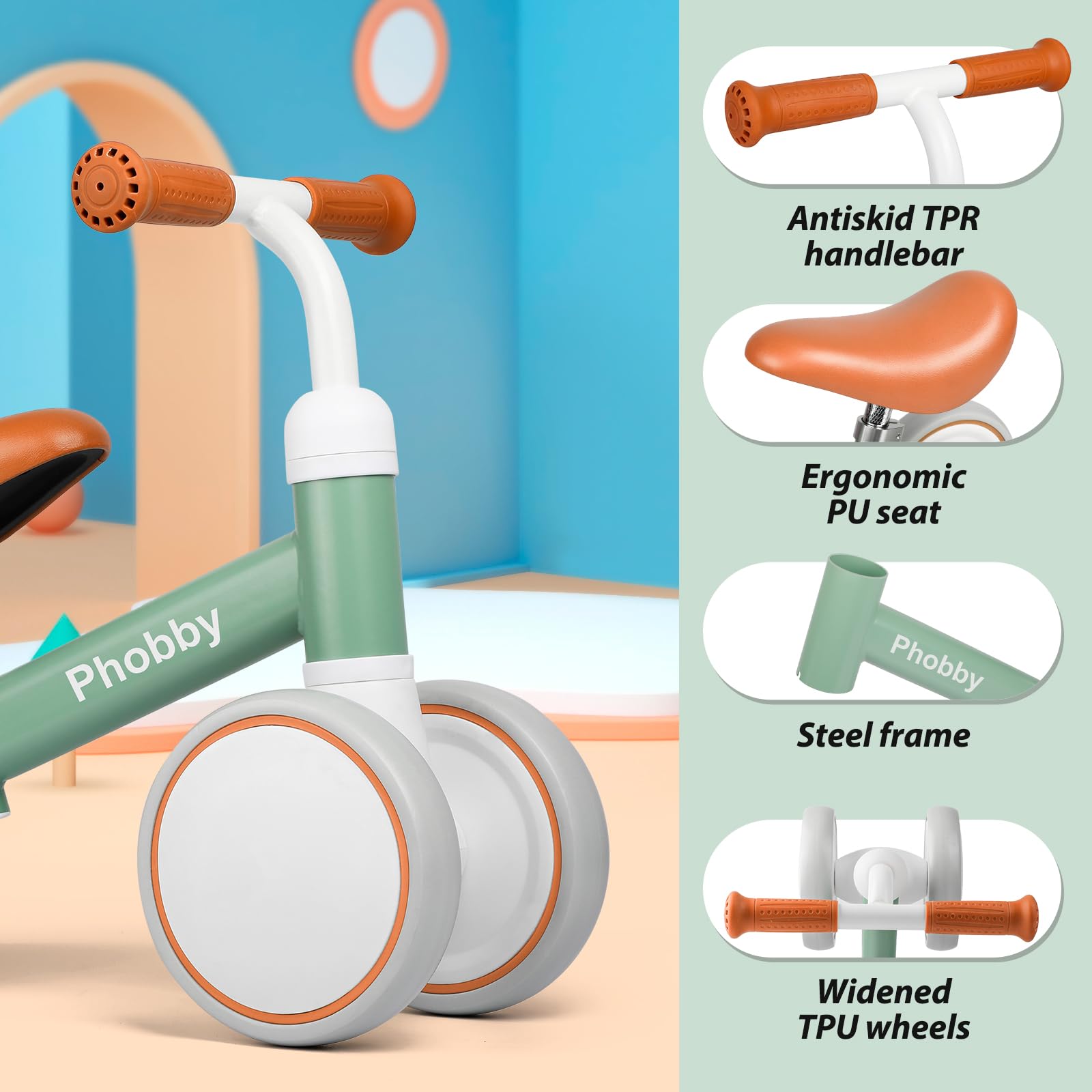 Phobby Baby Balance Bike four-wheeled design enhances stability.