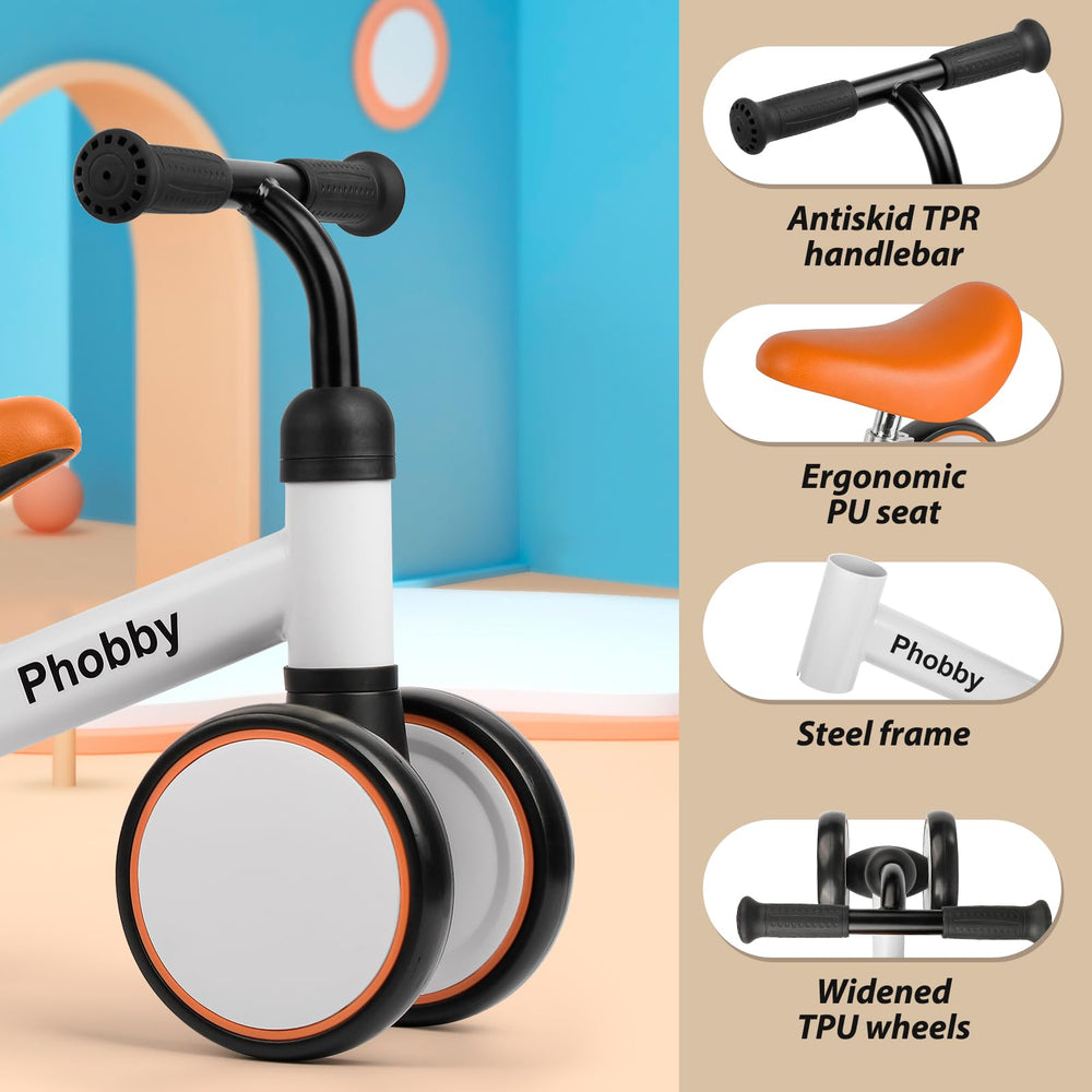 Phobby baby balance bike features silent wheels for smooth indoor and outdoor rides.