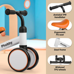 Phobby baby balance bike features silent wheels for smooth indoor and outdoor rides.