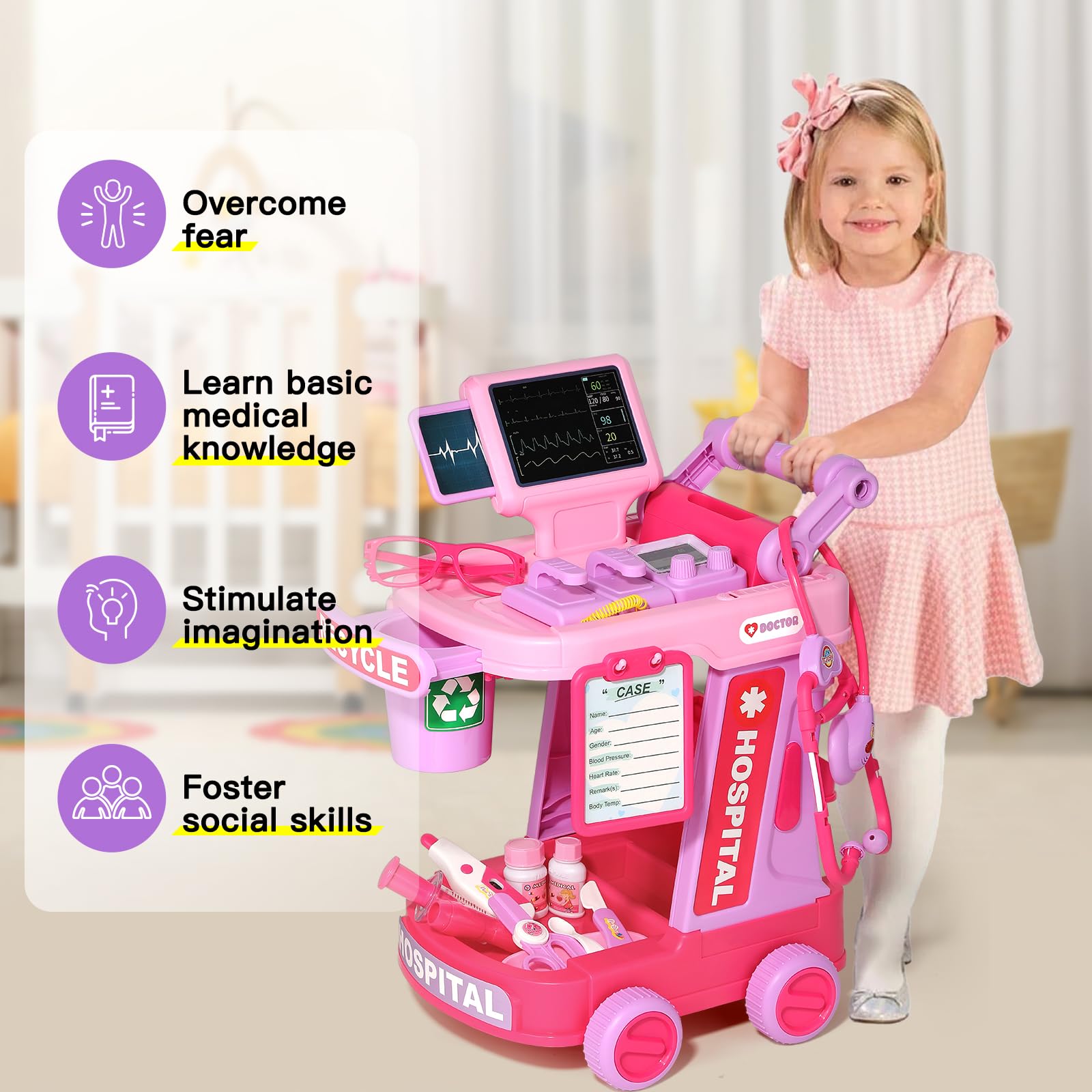 Phobby Doctor Kit pink cart with anti-slip wheels for safety.