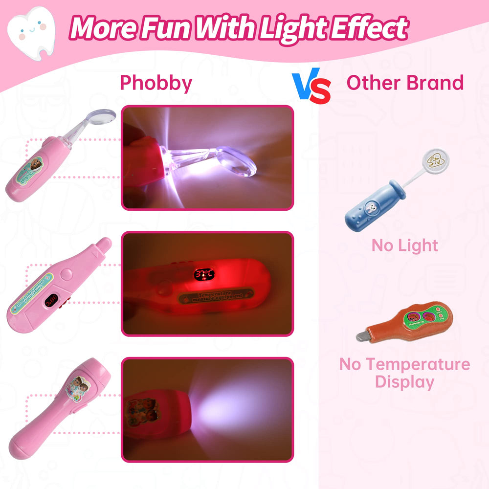Phobby pink dentist tools image features kid-friendly medical play items