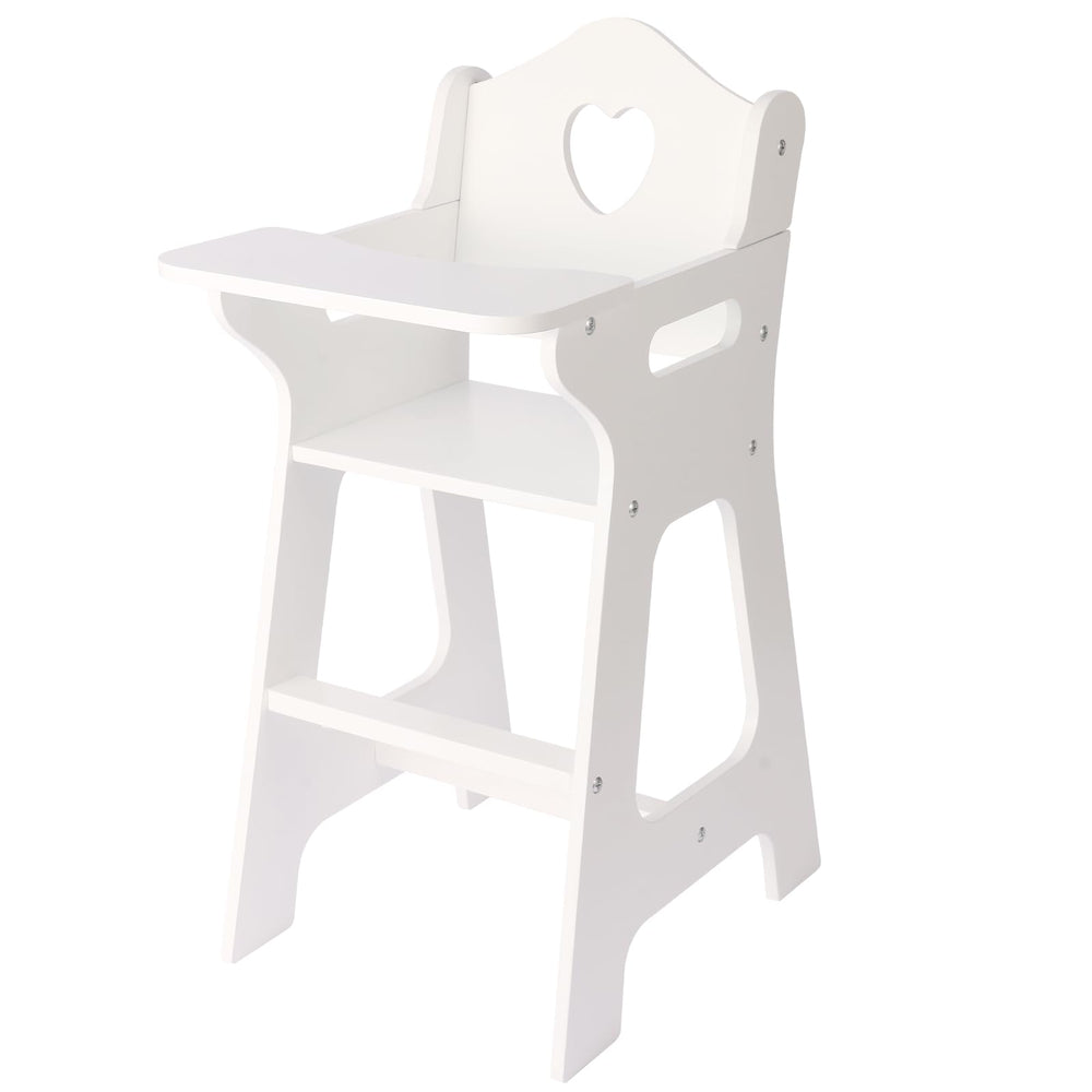 PHOKID 18-inch doll high chair in white and pink with secure fit for pretend meals.