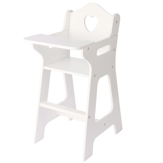 PHOKID 18-inch doll high chair in white and pink with secure fit for pretend meals.