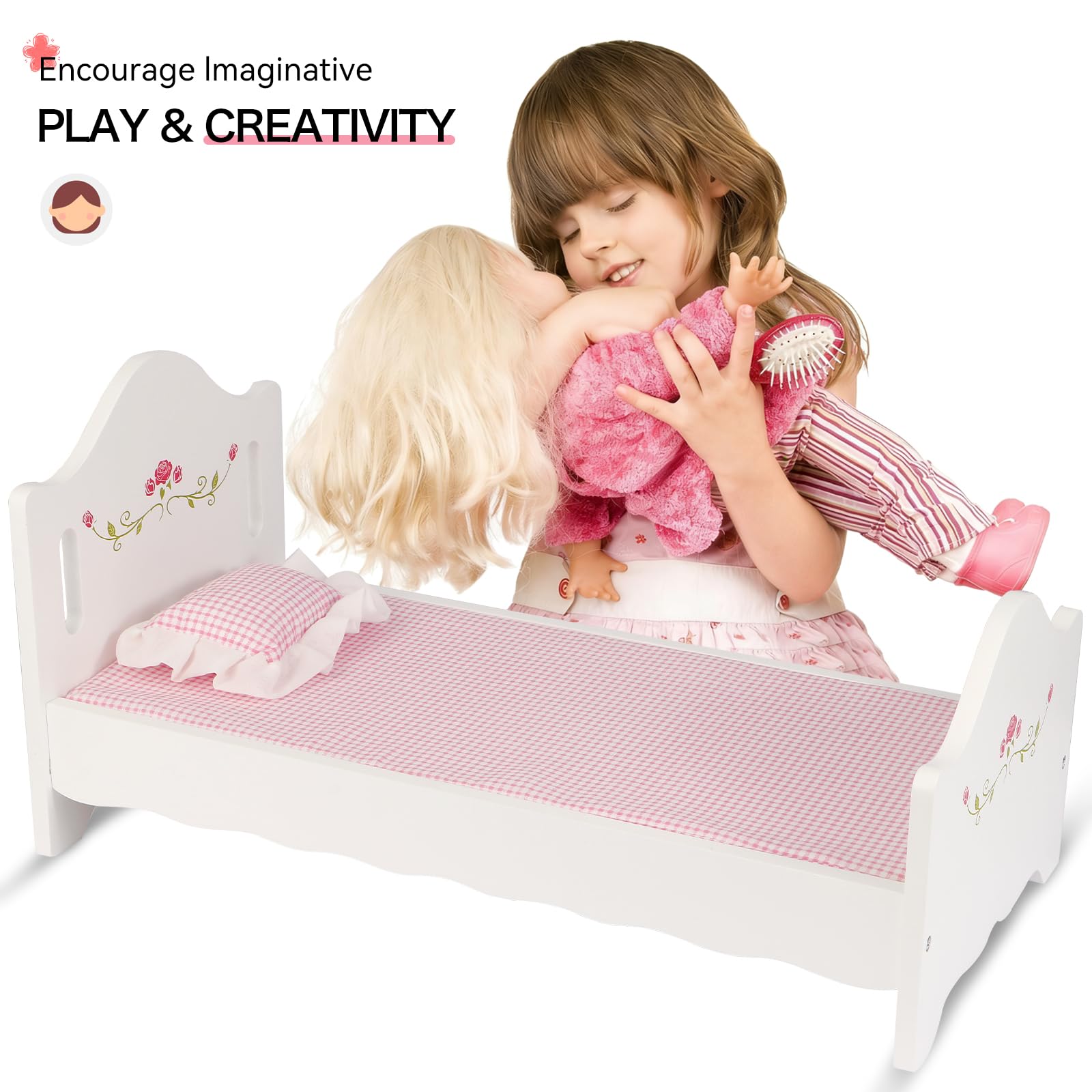 PHOKID pink check mattress provides cozy comfort for dolls.