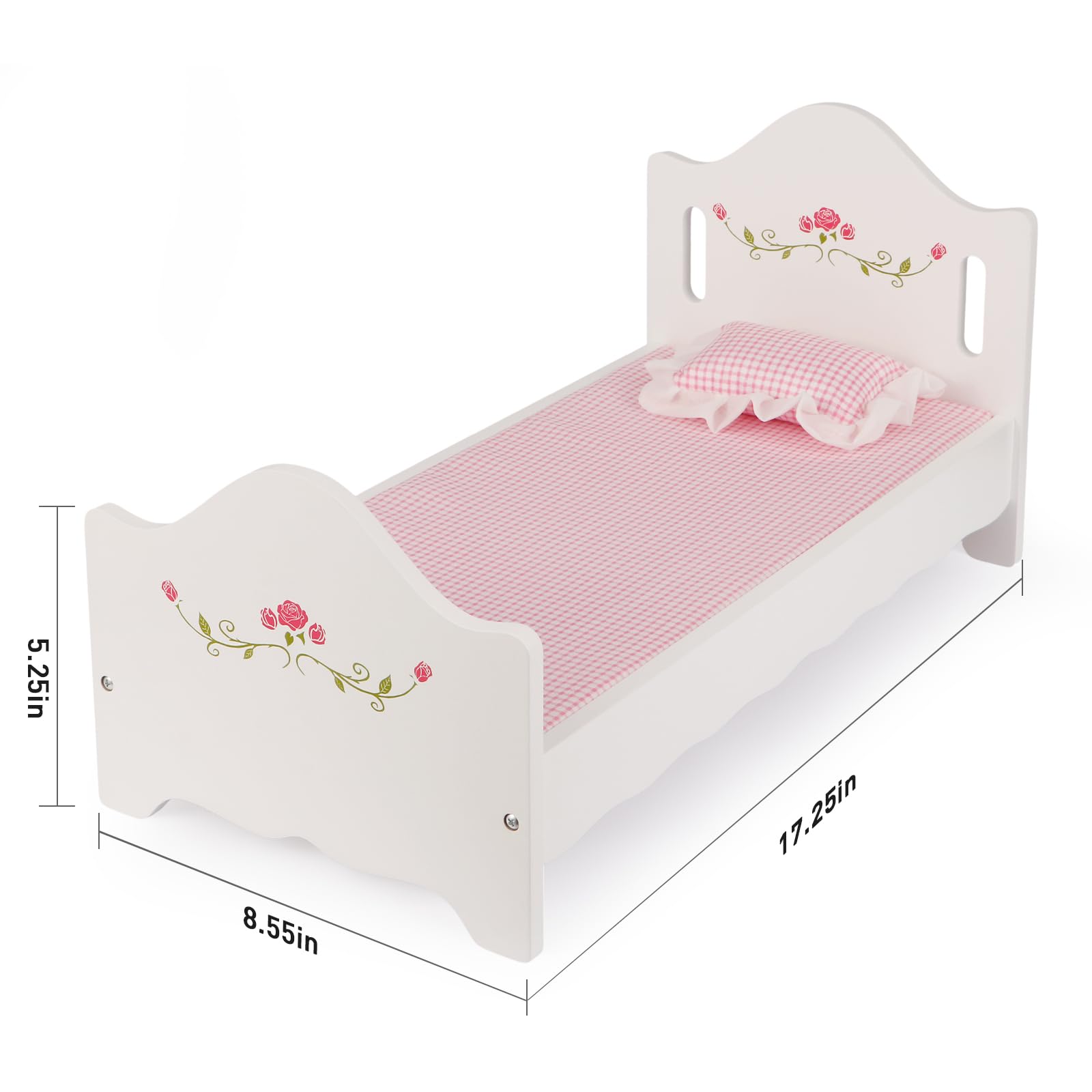 PHOKID rose-pattern frame adds delicate detail to the doll bed.