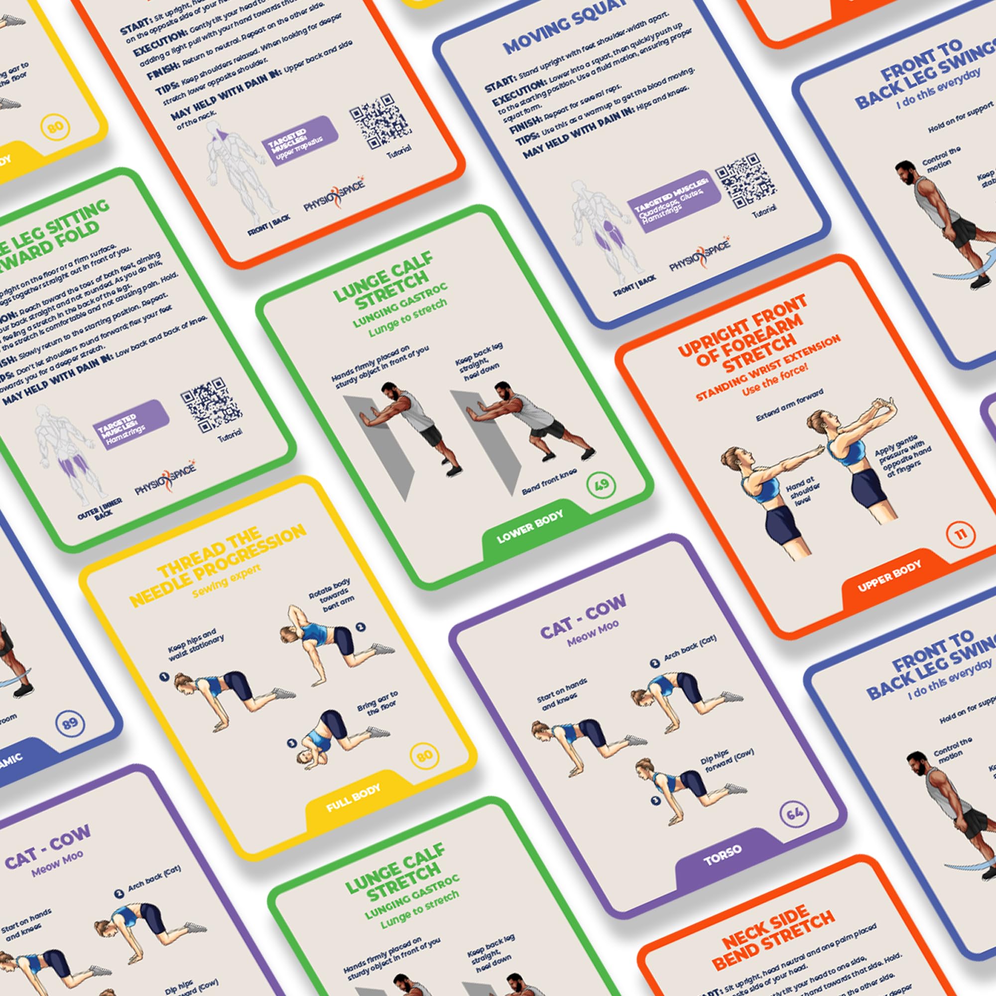 PhysioSpace back-stretches flash-card, simple routines for lower-back comfort at home.