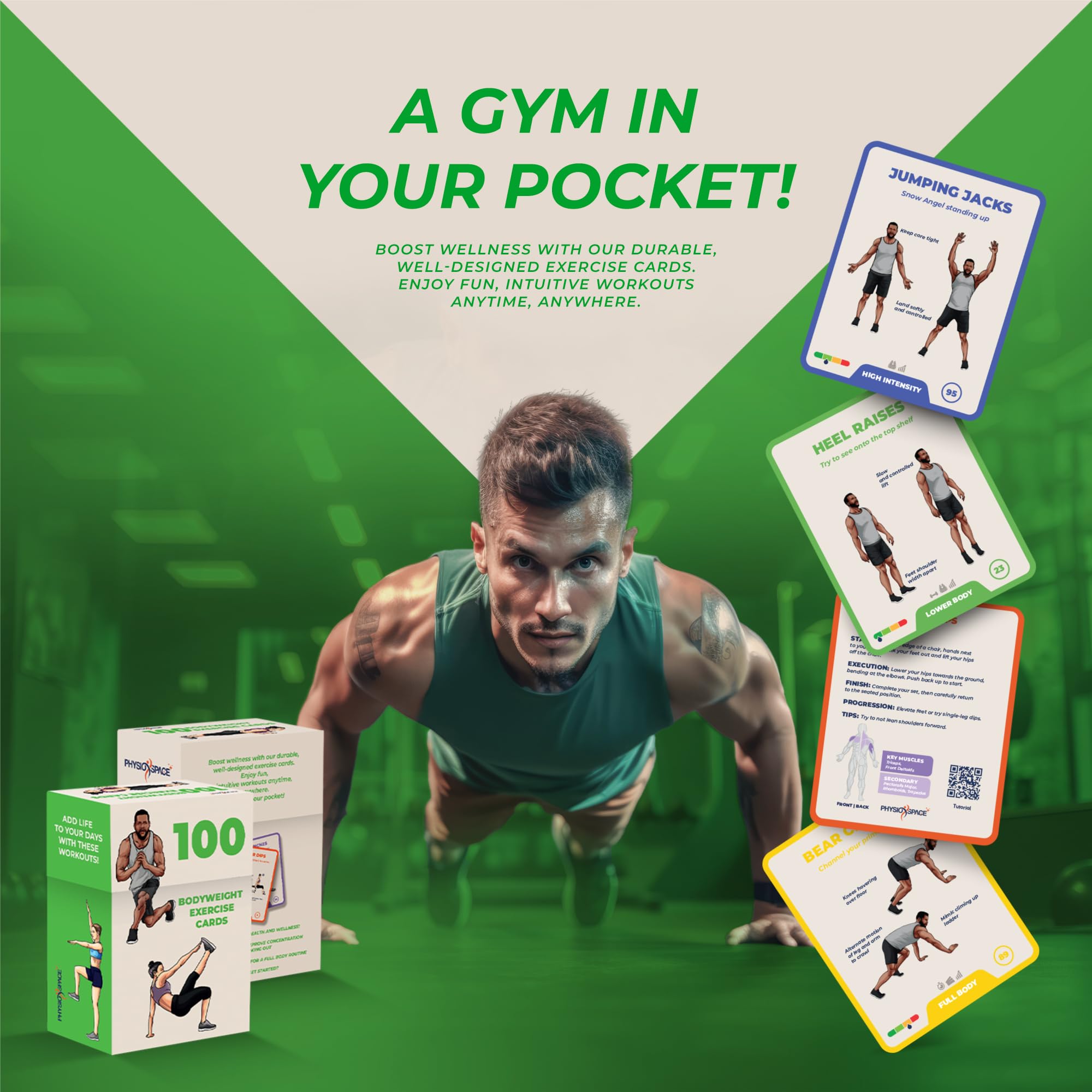 PhysioSpace no equipment routines close-up card with guidance