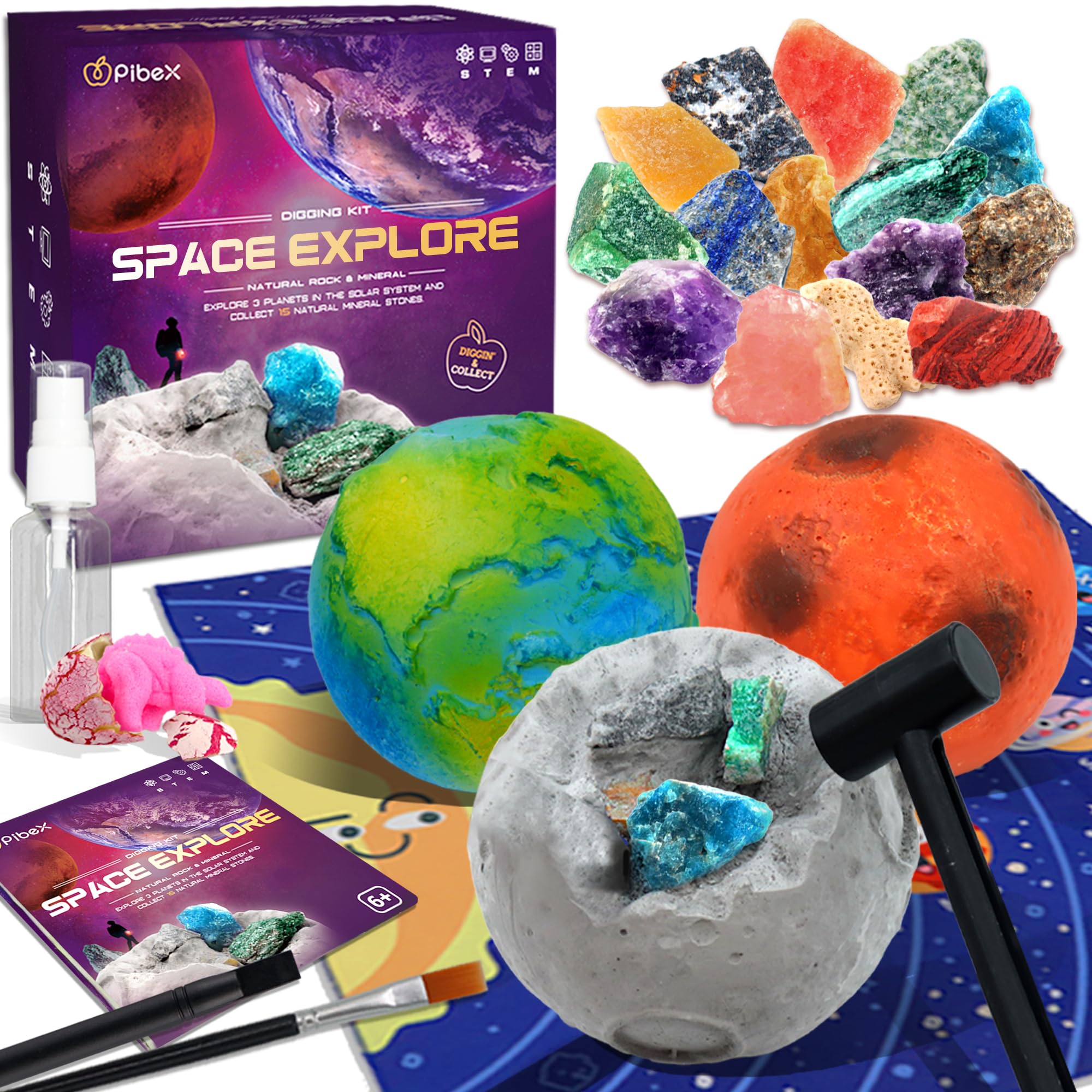 PIBEX Gemstone Dig Kit: Earth-Moon-Mars planets hiding rocks for hands-on exploration