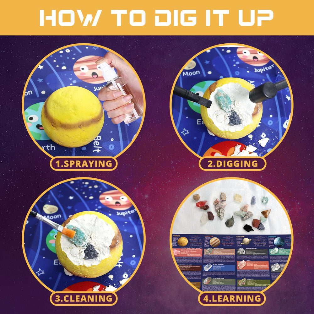 PIBEX Gemstone Dig Kit showcases Jupiter planet mini-worlds with treasure rocks.