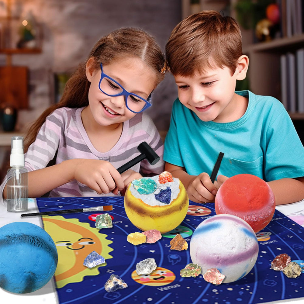 PIBEX Gemstone Dig Kit captures Saturn planet geodes during excavation.