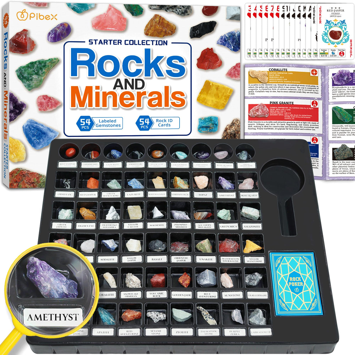 PIBEX Rock Collection polished gemstones, vibrant colors for hands-on learning and display.