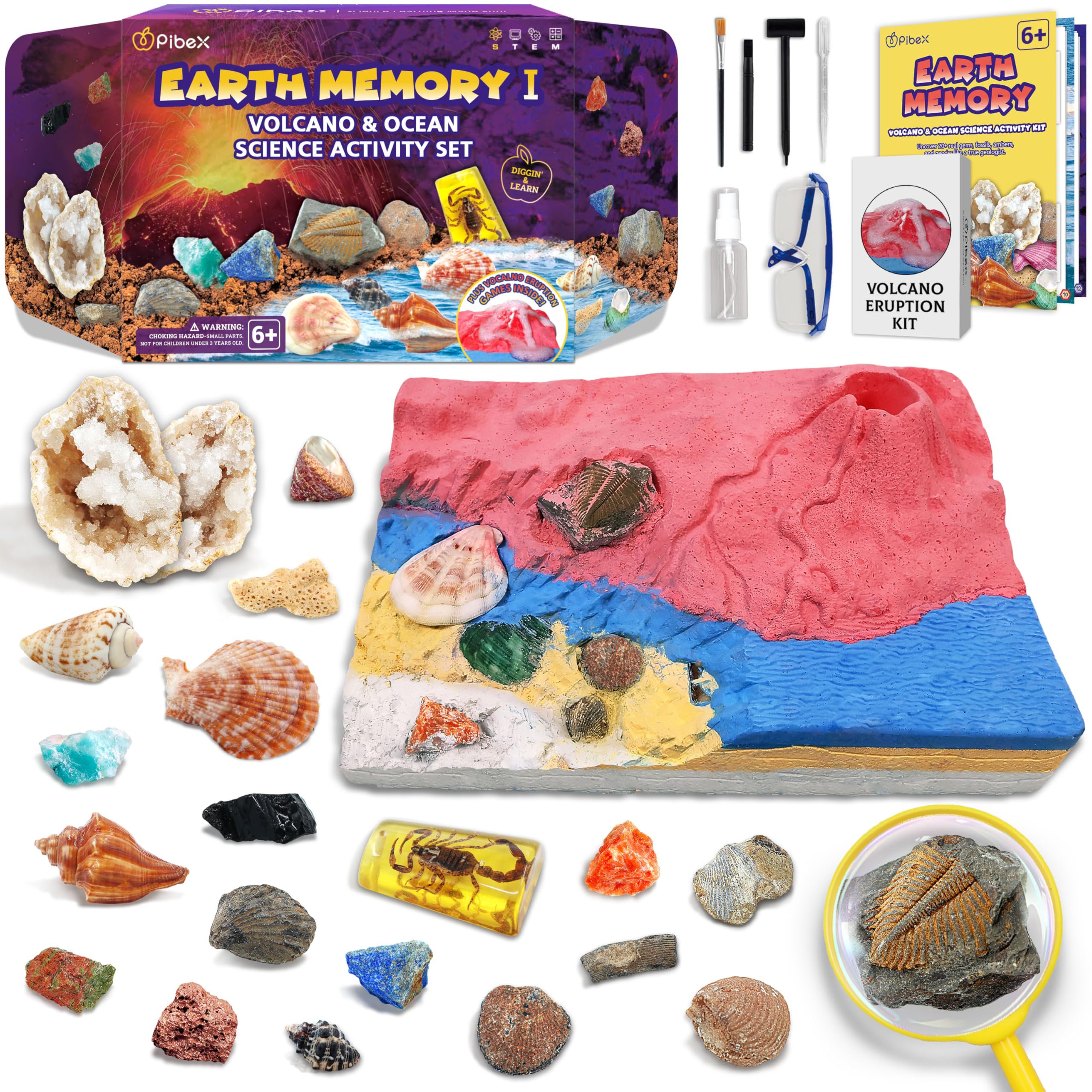 PIBEX Volcano and Ocean Dig Brick for hands-on fossil excavation and geology learning