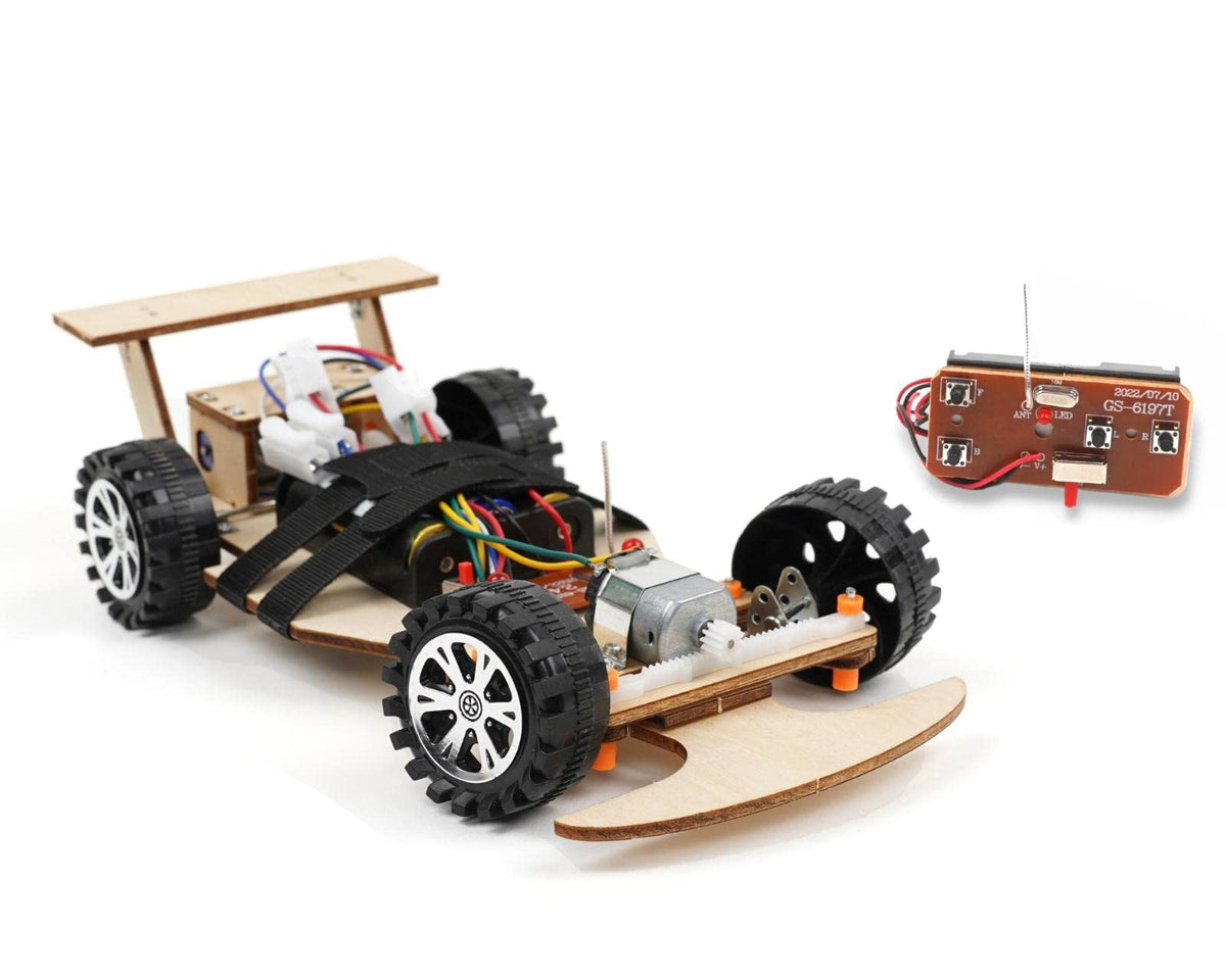 Pica Toys F1 assembly scene shows hands building a wooden RC car for STEM learning