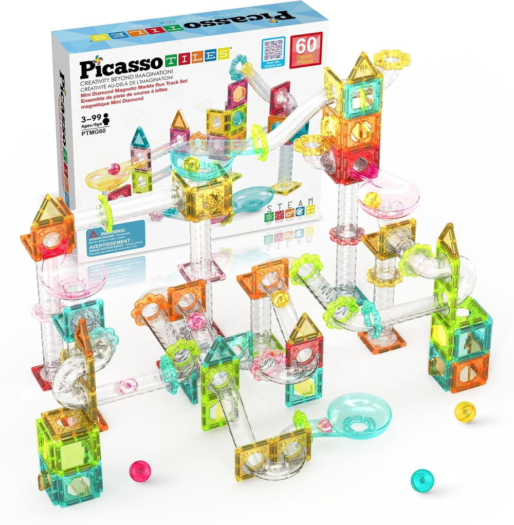 PicassoTiles 60pc magnet marble run setup promotes compact on the go play