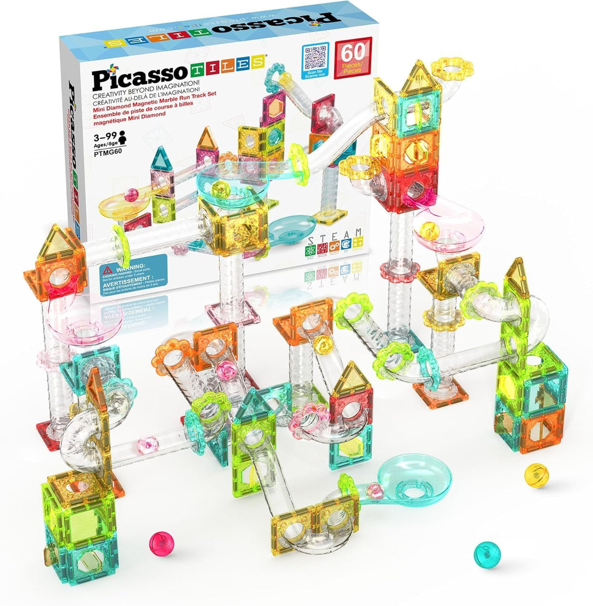 PicassoTiles 60pc magnet marble run setup promotes compact on the go play