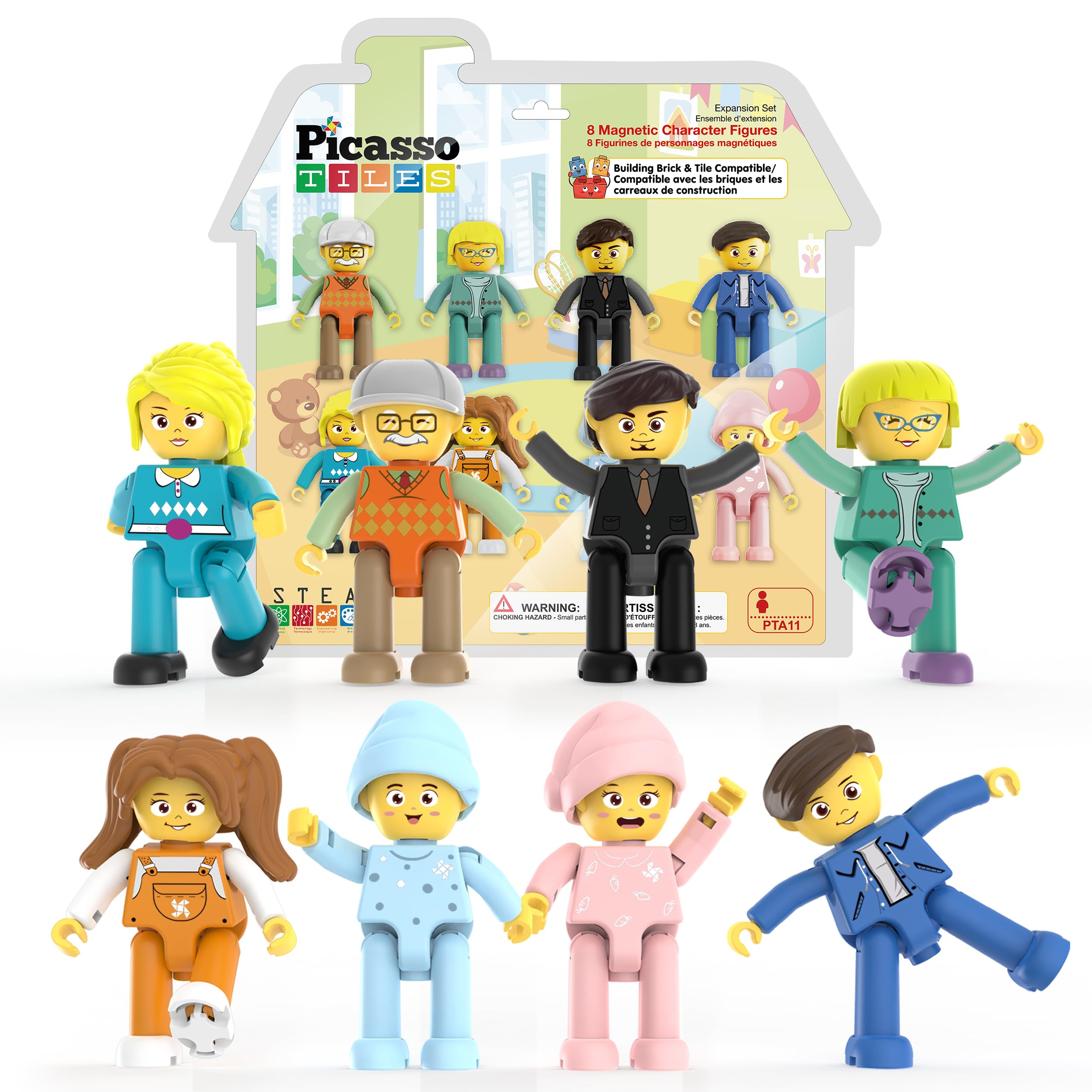 PicassoTiles 8-piece family characters posing for imaginative storytelling and pretend play.