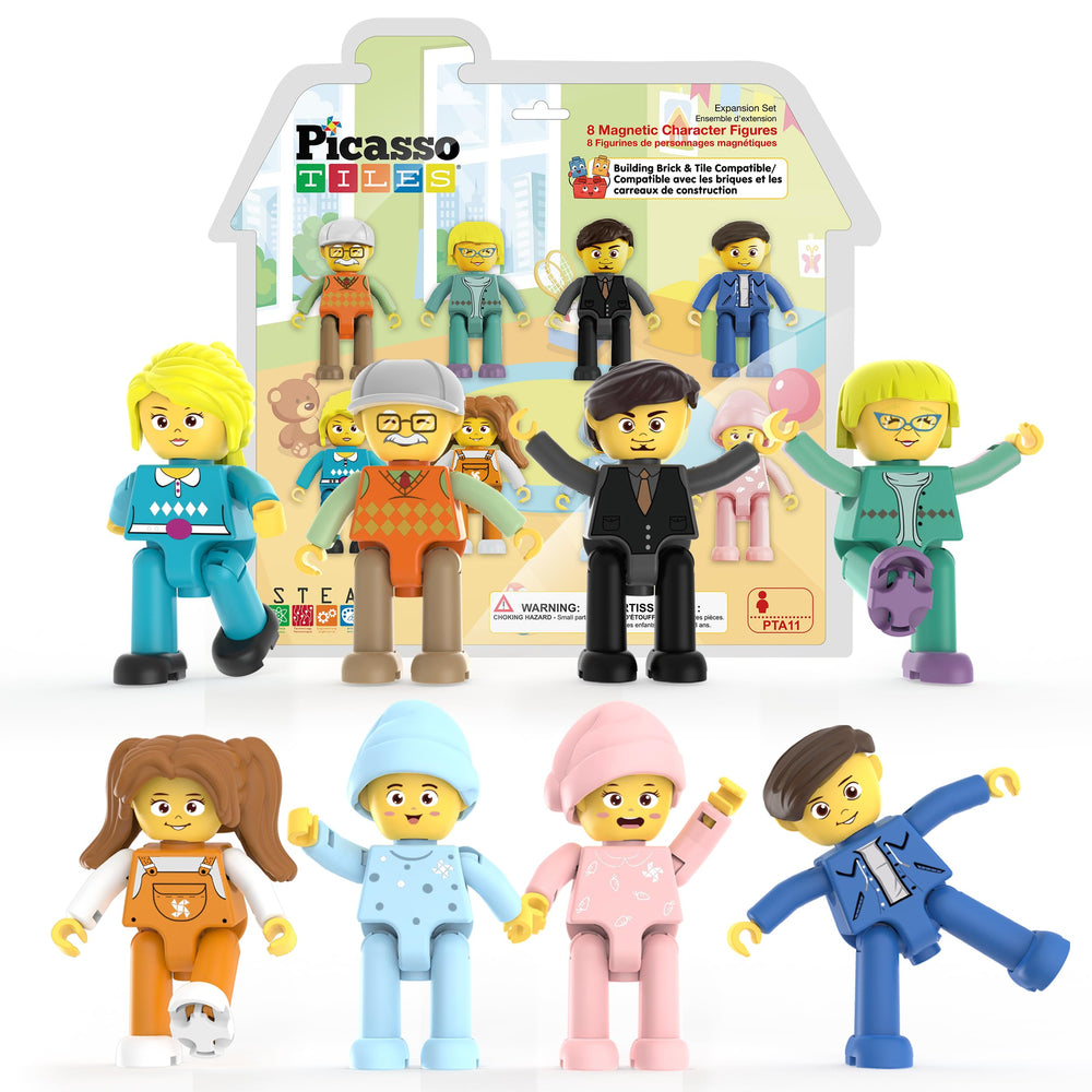 PicassoTiles 8-piece family characters posing for imaginative storytelling and pretend play.