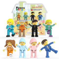 PicassoTiles 8-piece family characters posing for imaginative storytelling and pretend play.