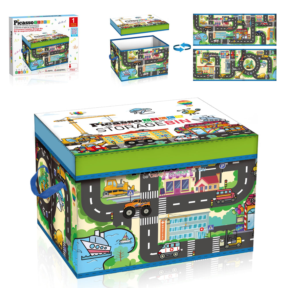 PicassoTiles city-themed foldable storage bin with lid for organized playroom storage.