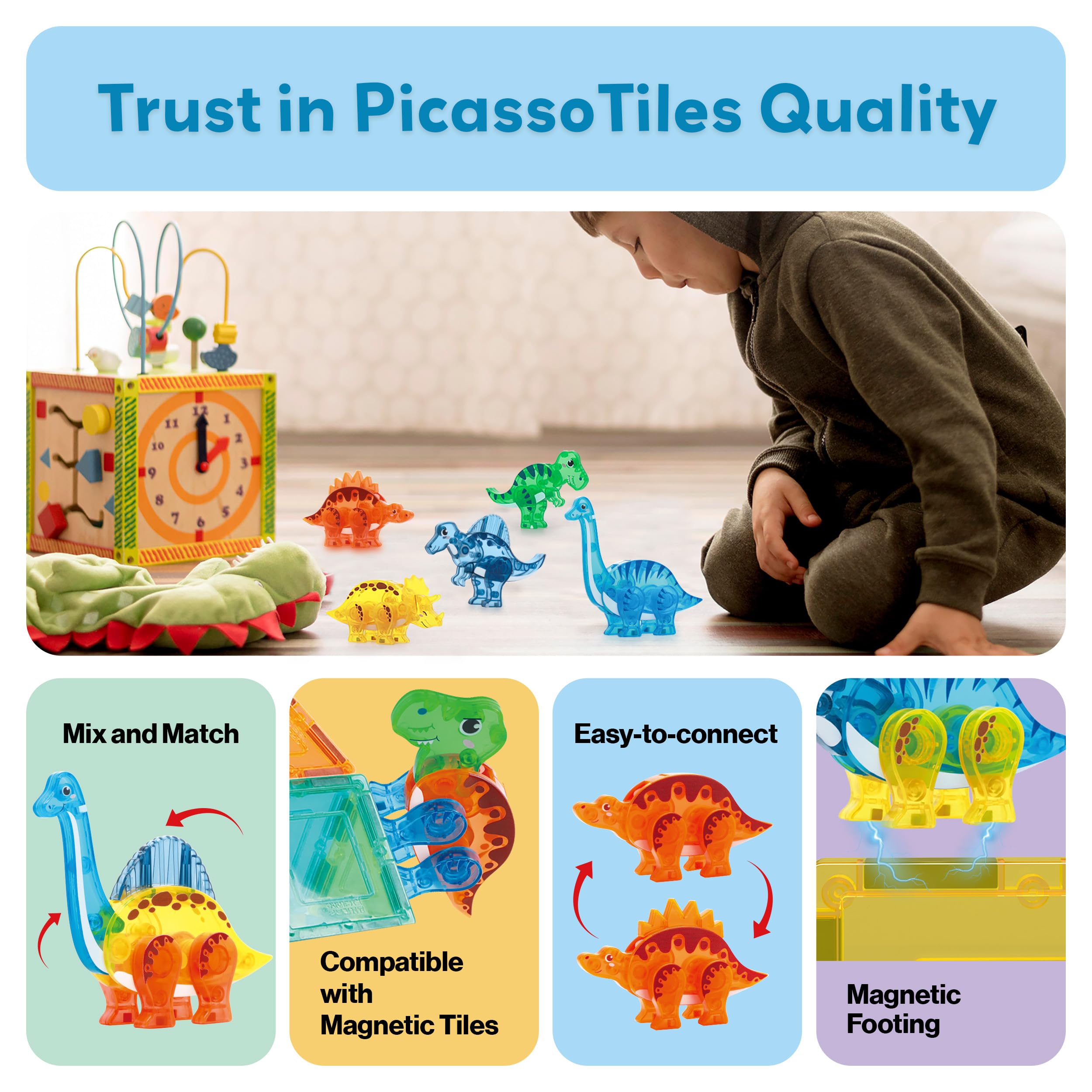 PicassoTiles playset box shot showcasing kids assembling dinos.