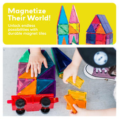 PicassoTiles kids explore magnets during hands-on play with truck set