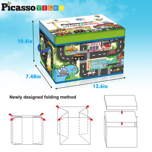 PicassoTiles magnet tile organizer bin keeps magnetic tiles neatly stored for quick setup.