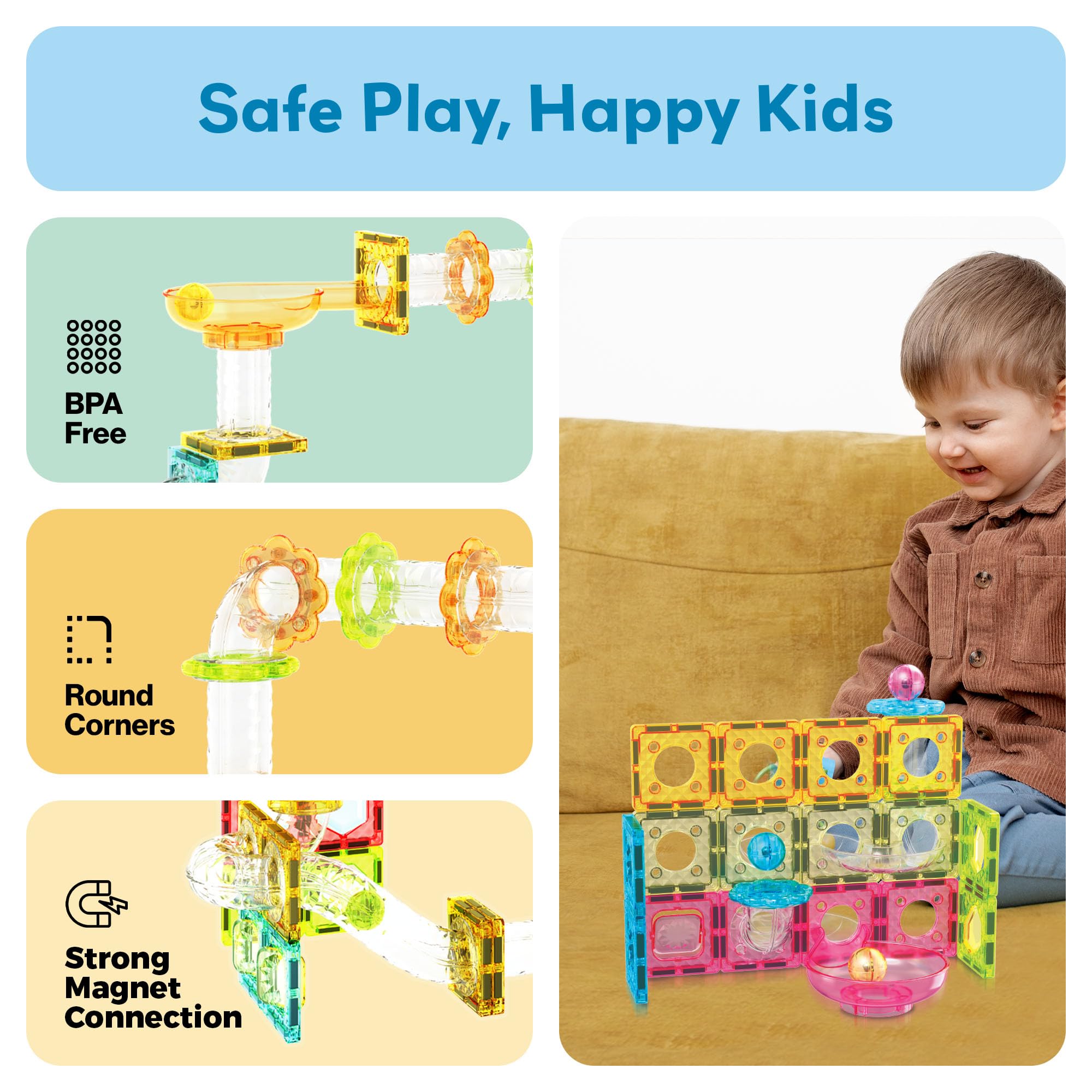 PicassoTiles magnetic connection system ensures secure easy assembly for kids