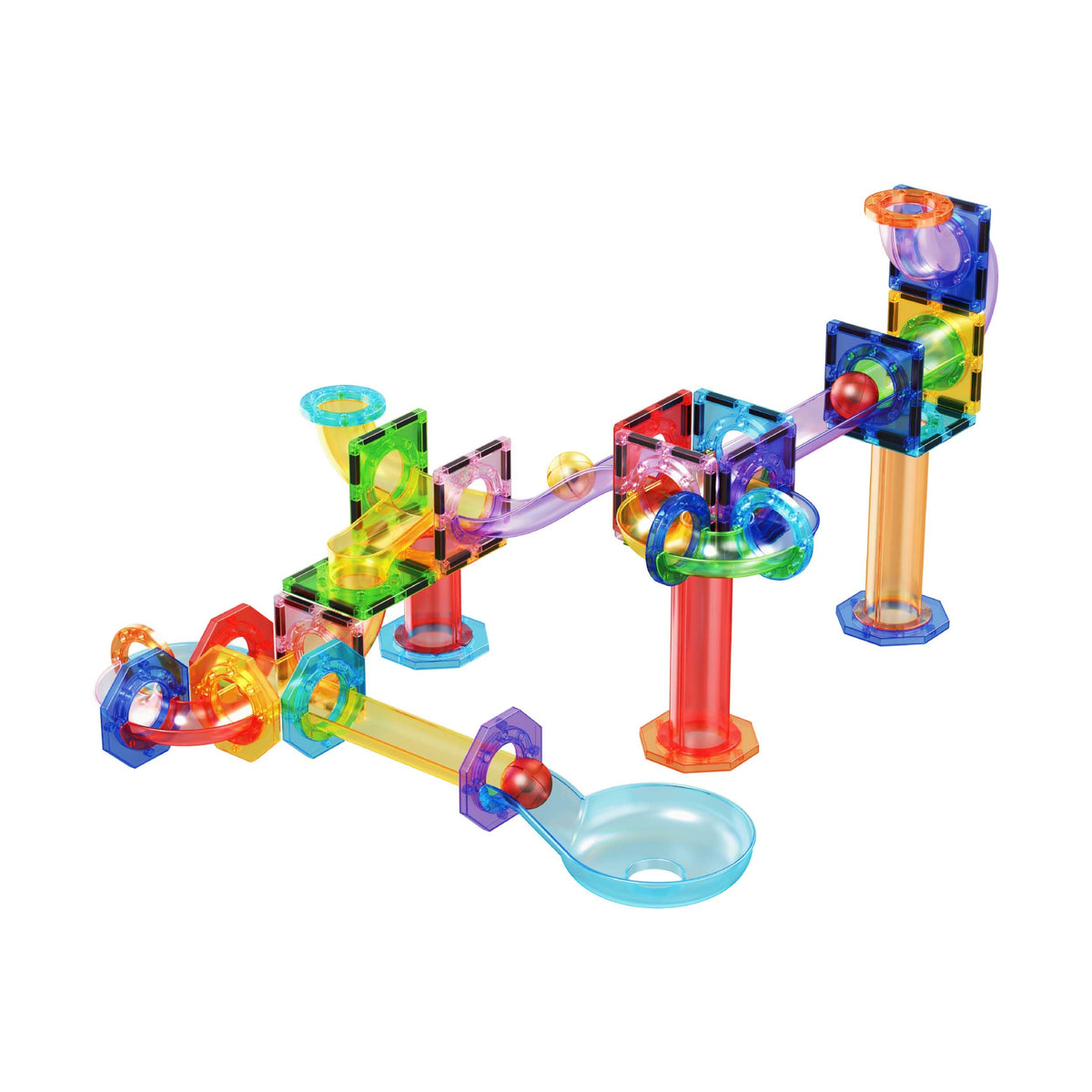 PicassoTiles marble run with magnetic tiles enhances spatial awareness and hand-eye coordination.