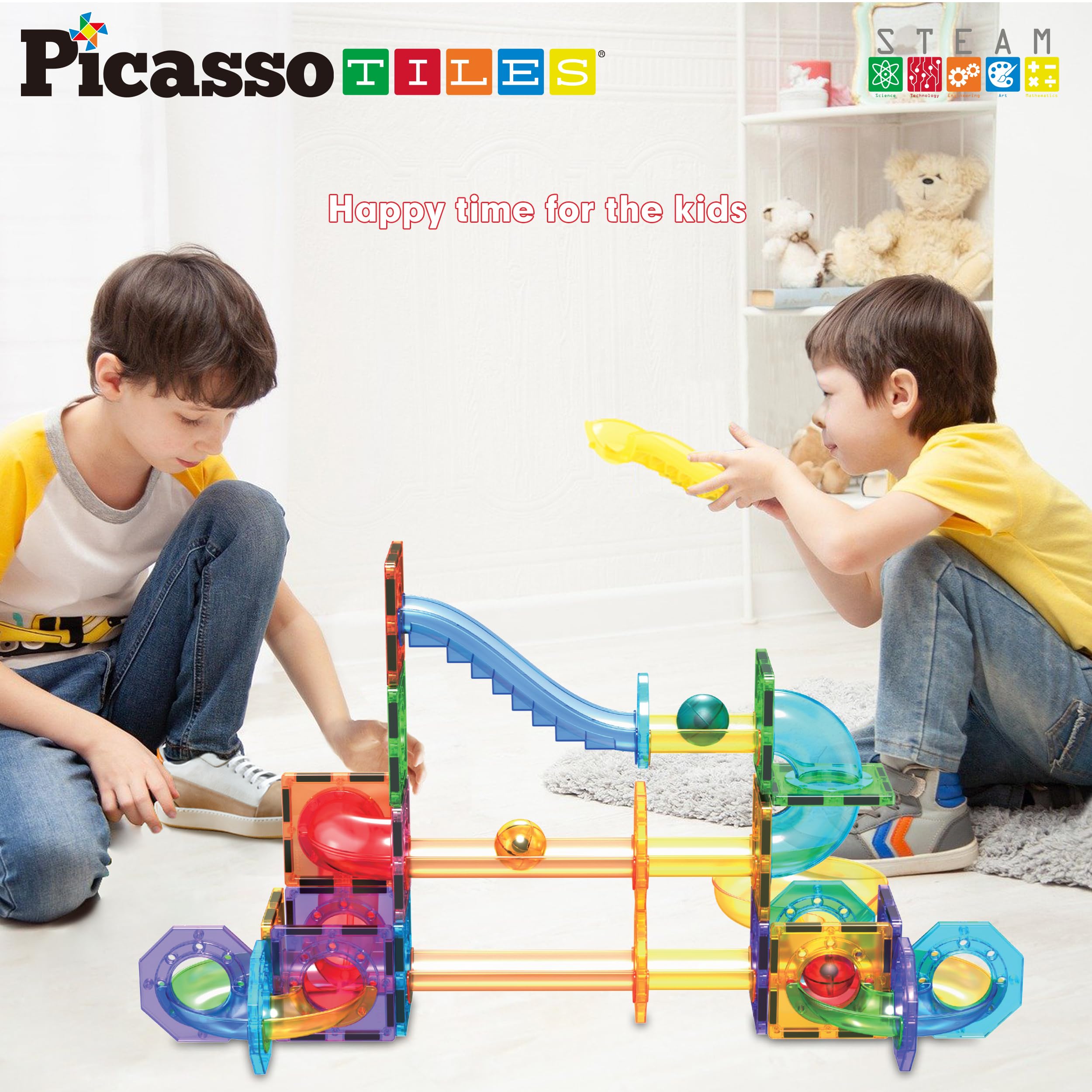 PicassoTiles race track magnets demonstrate magnetic attraction for imaginative STEM play.
