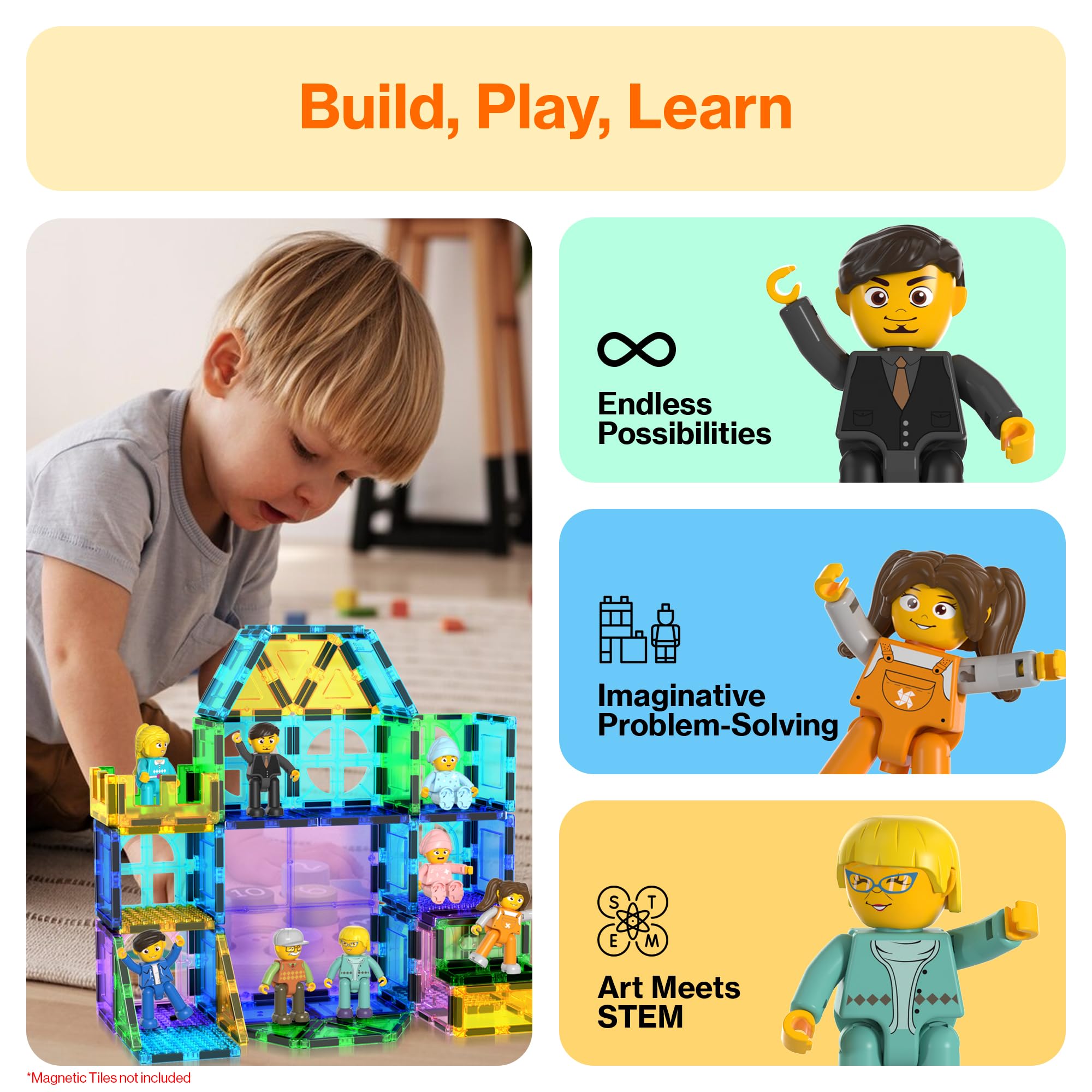 PicassoTiles STEM-friendly figures help develop balance and spatial awareness during construction.