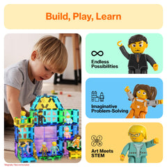 PicassoTiles STEM-friendly figures help develop balance and spatial awareness during construction.