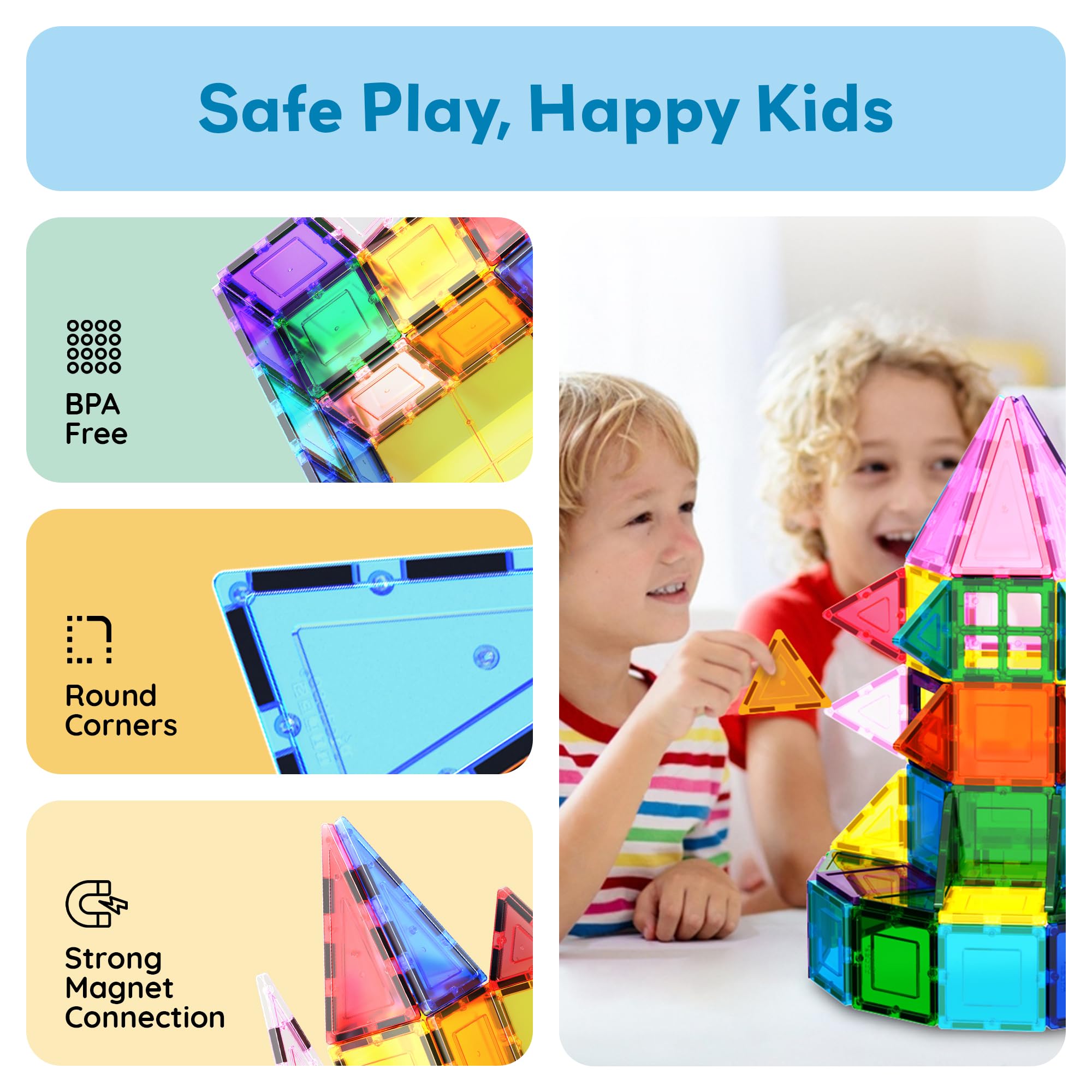 PicassoTiles BPA-free tiles emphasize safe, non-toxic play.