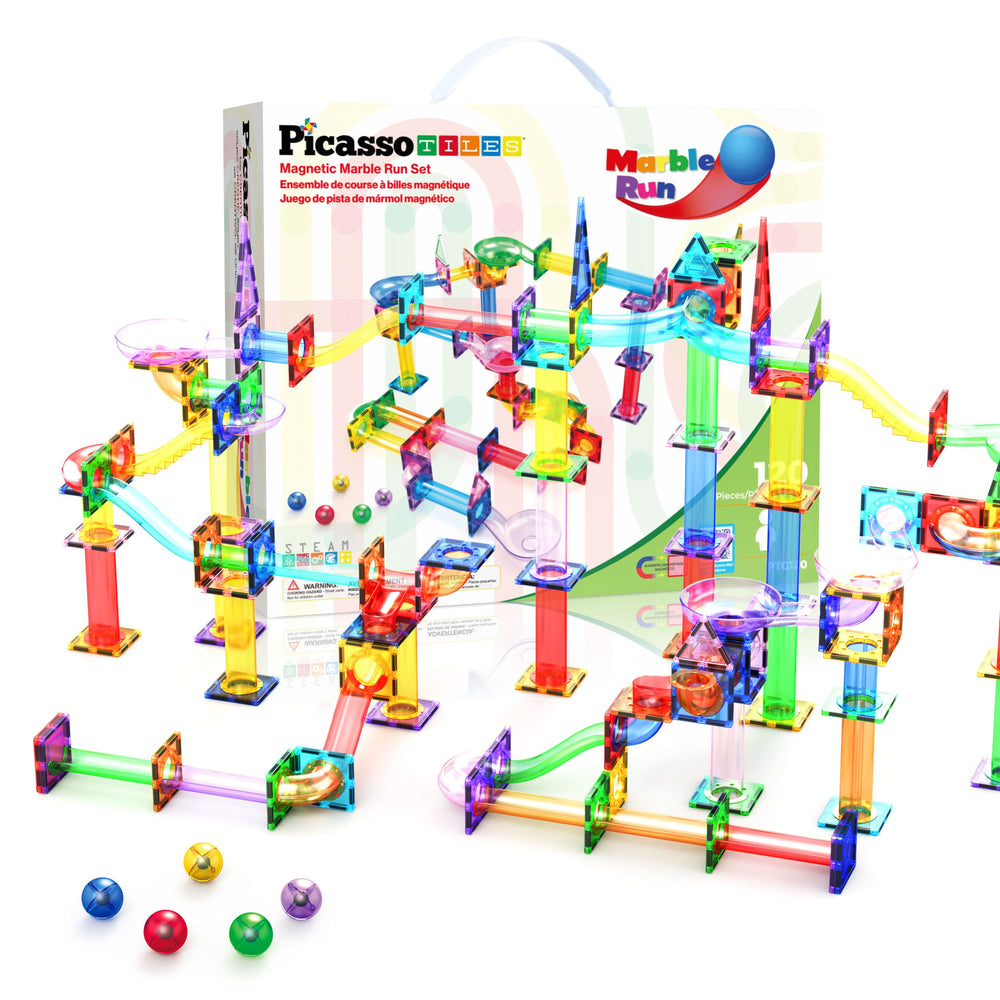 PicassoTiles 120pc marble run set with colorful tiles and slopes for creative STEM play.