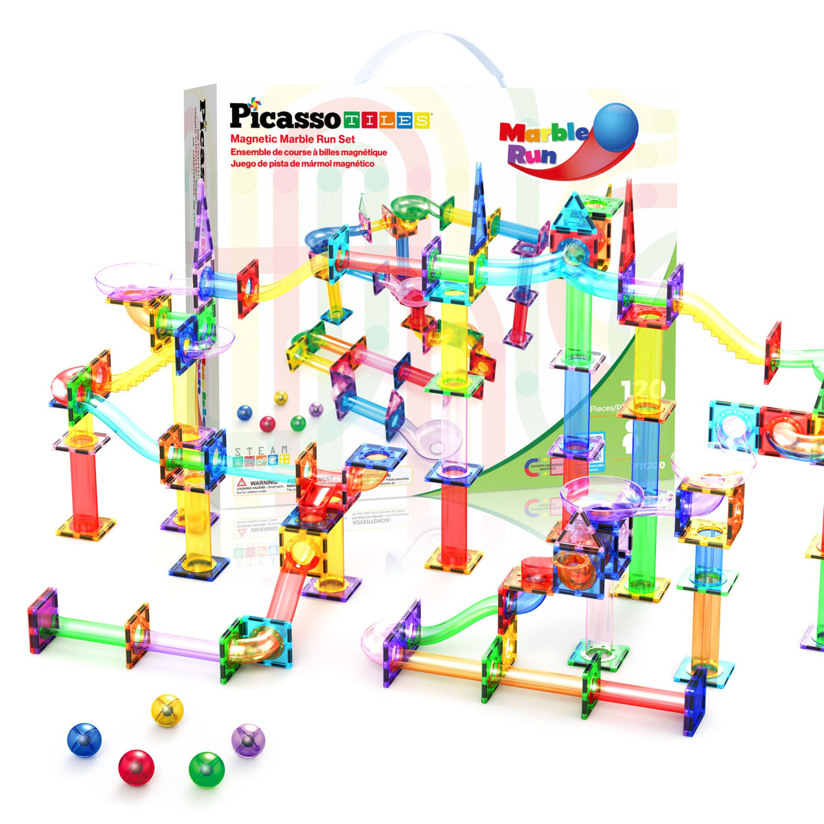 PicassoTiles 120pc marble run set with colorful tiles and slopes for creative STEM play.