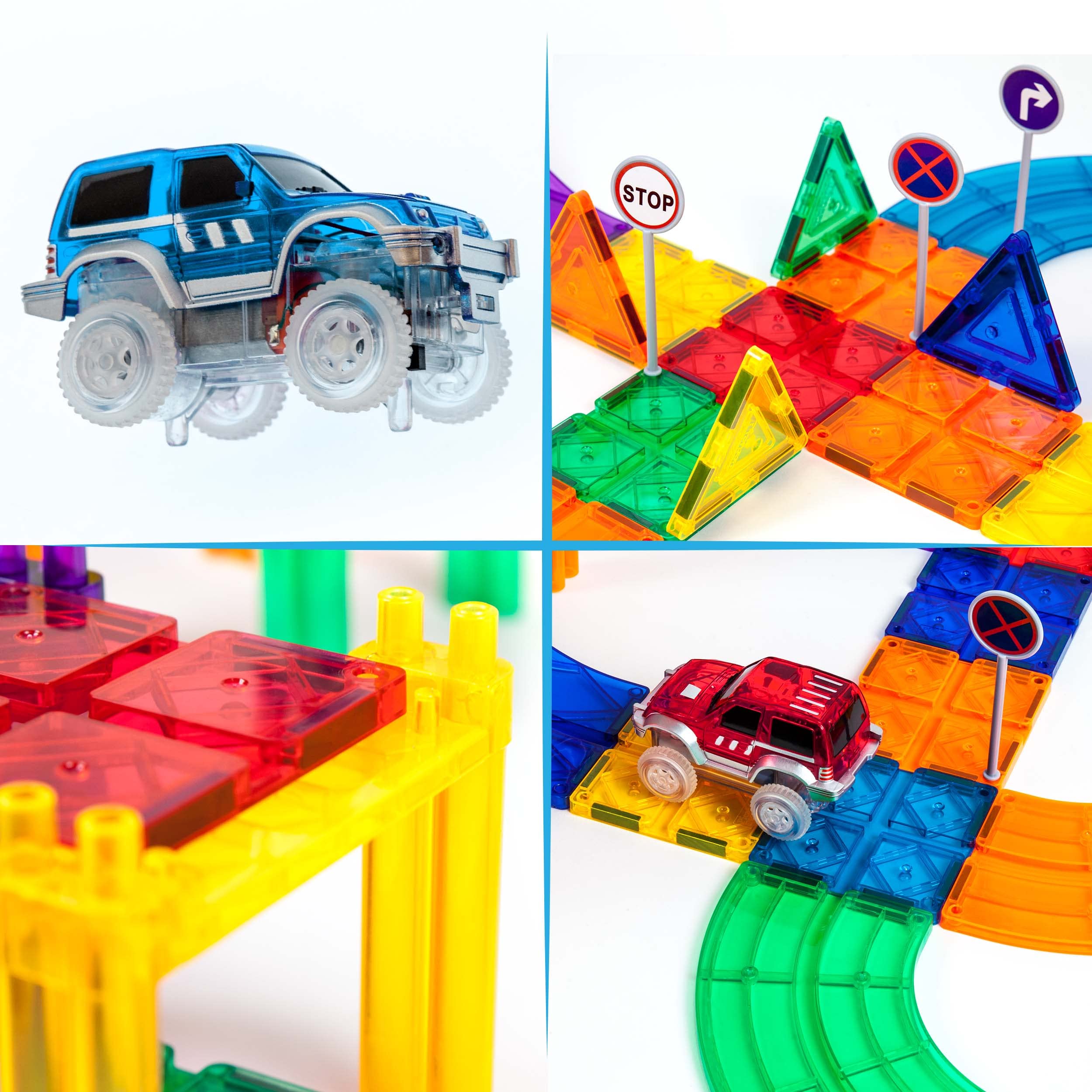 PicassoTiles 16 pillars support a tall, multi-layer track.