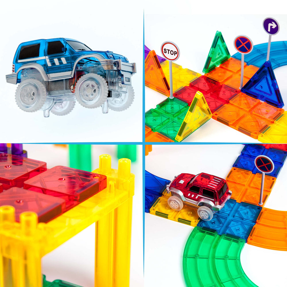 PicassoTiles 16 pillars support a tall, multi-layer track.