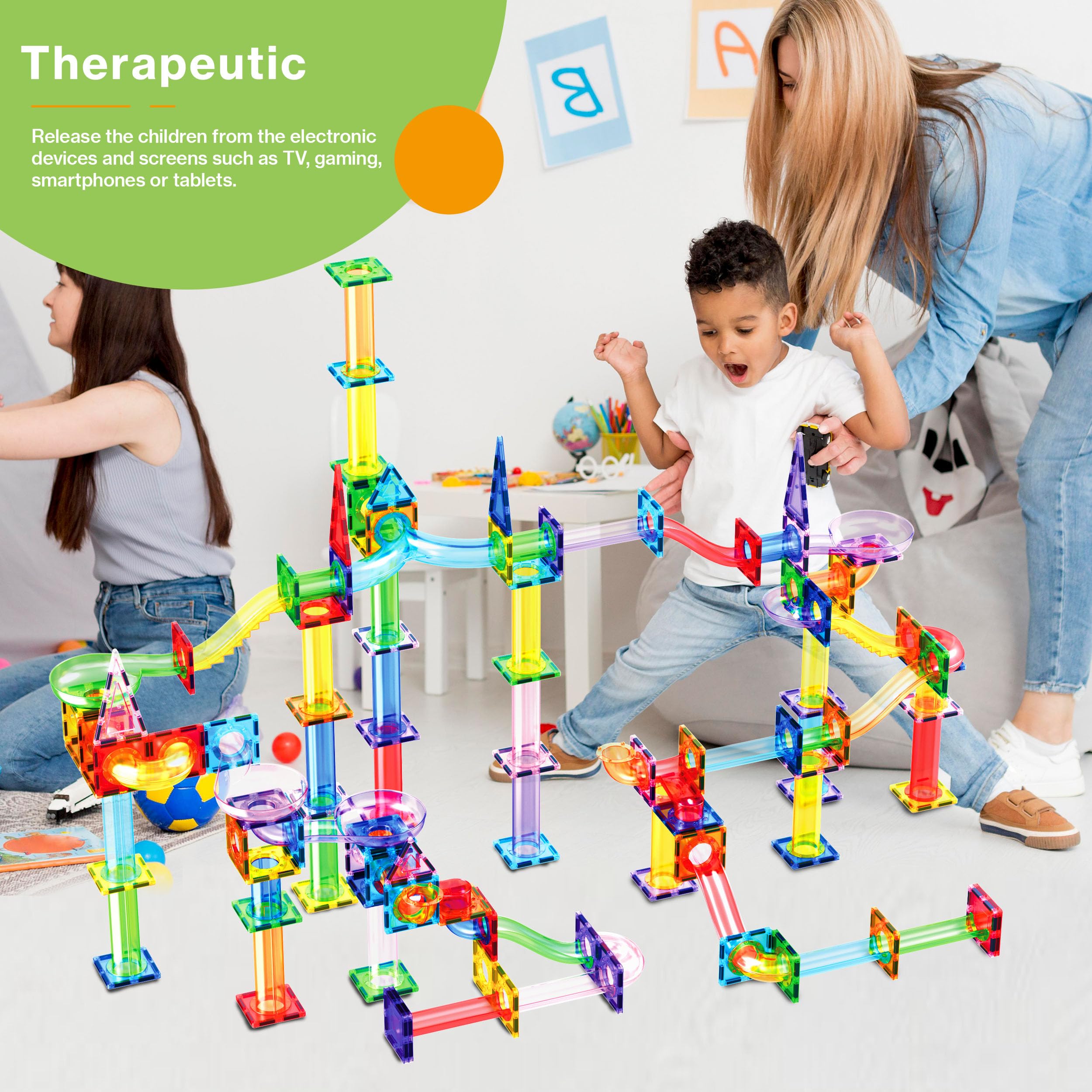PicassoTiles 200pc LED marble glow demonstrates night-friendly lighting during play