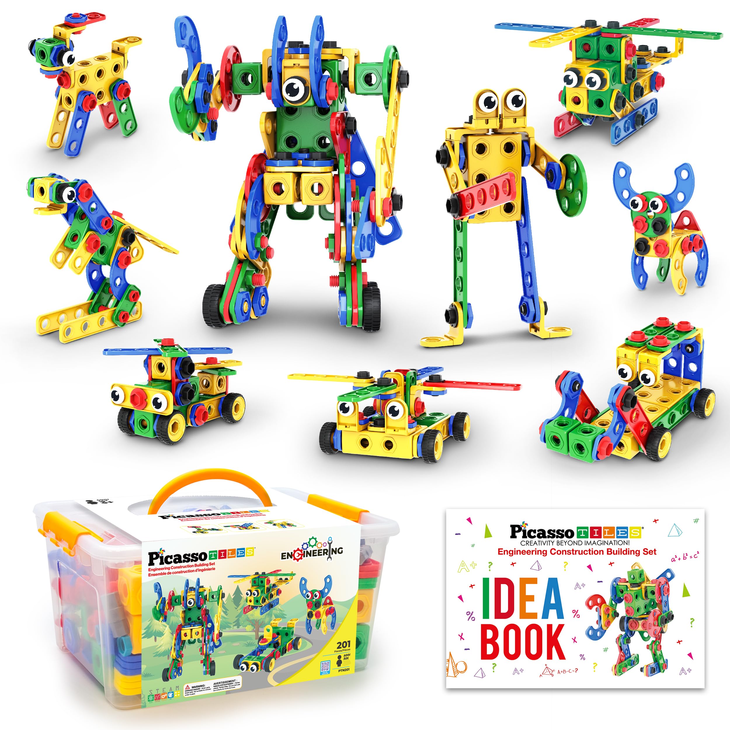 PicassoTiles 201pc idea book open guiding STEM exploration and creative design