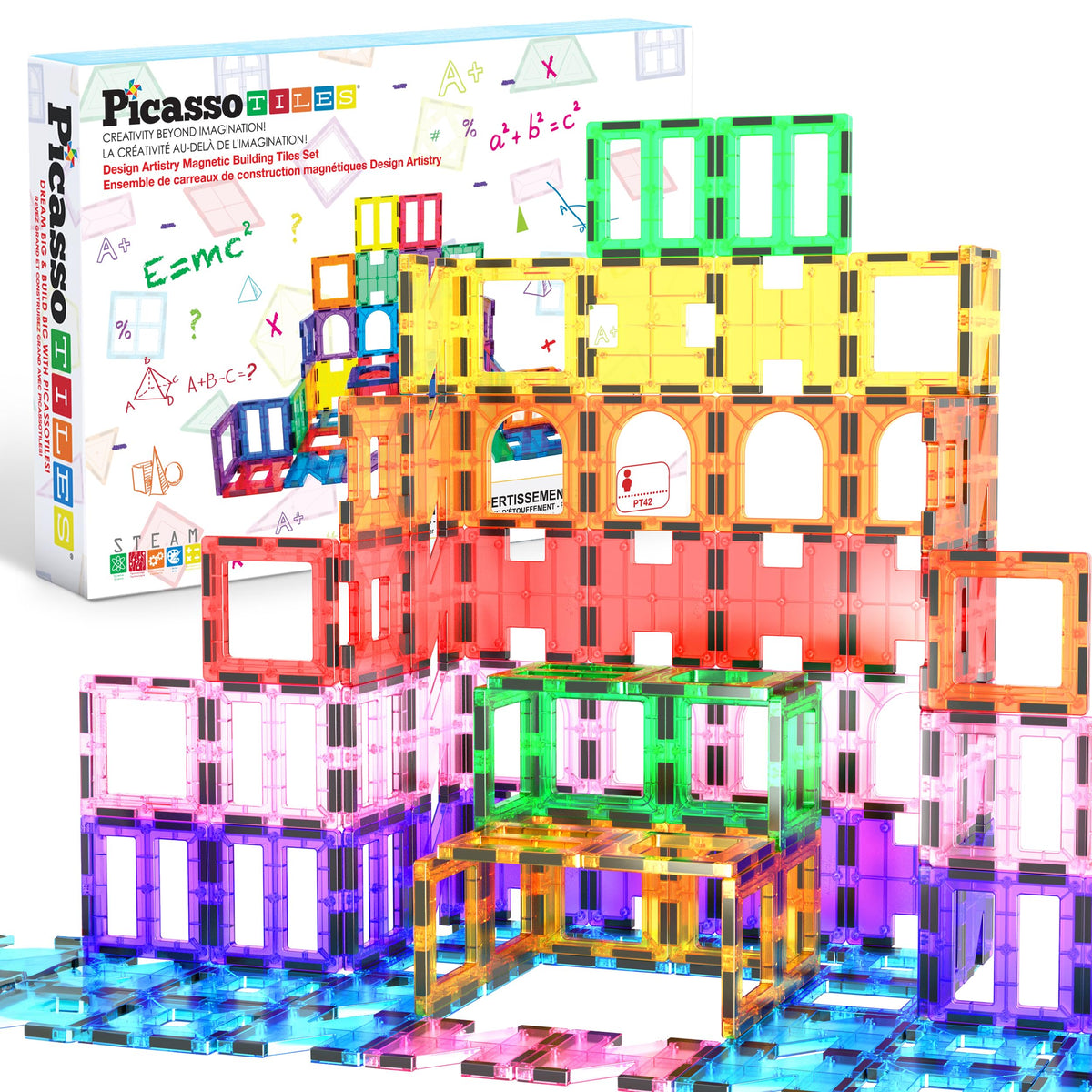 PicassoTiles 42pcs magnetic tiles see-through shapes spark creative play and early STEM exploration.