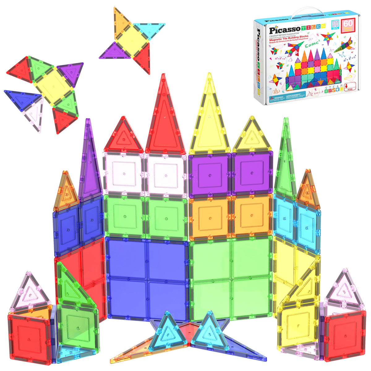 PicassoTiles 60-piece magnetic tiles for open-ended construction play and exploration