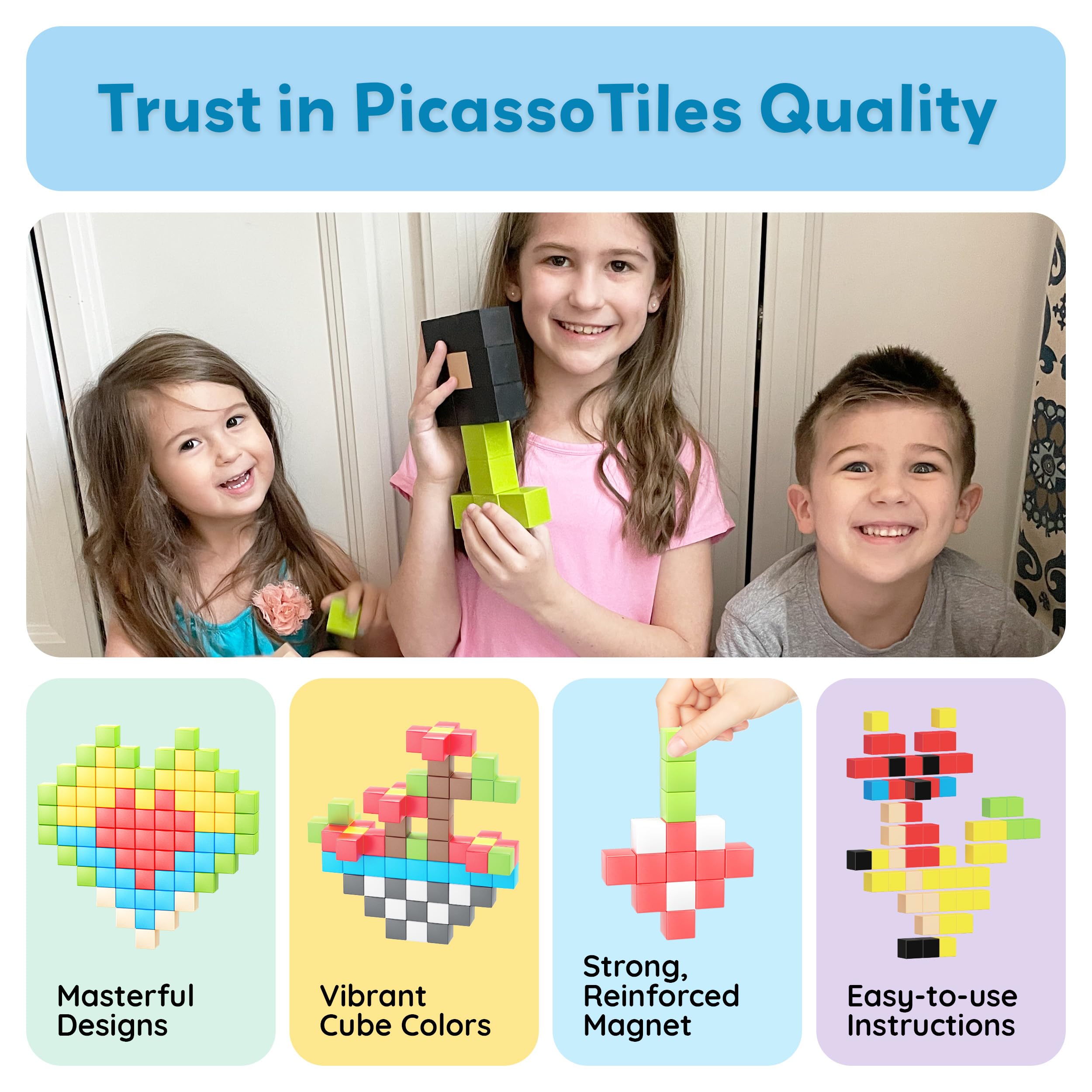 PicassoTiles idea book open showcases 40+ builds to spark design thinking.