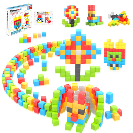 PicassoTiles 60pc magnetic cubes create a towering structure, boosting spatial thinking and fine motor practice.