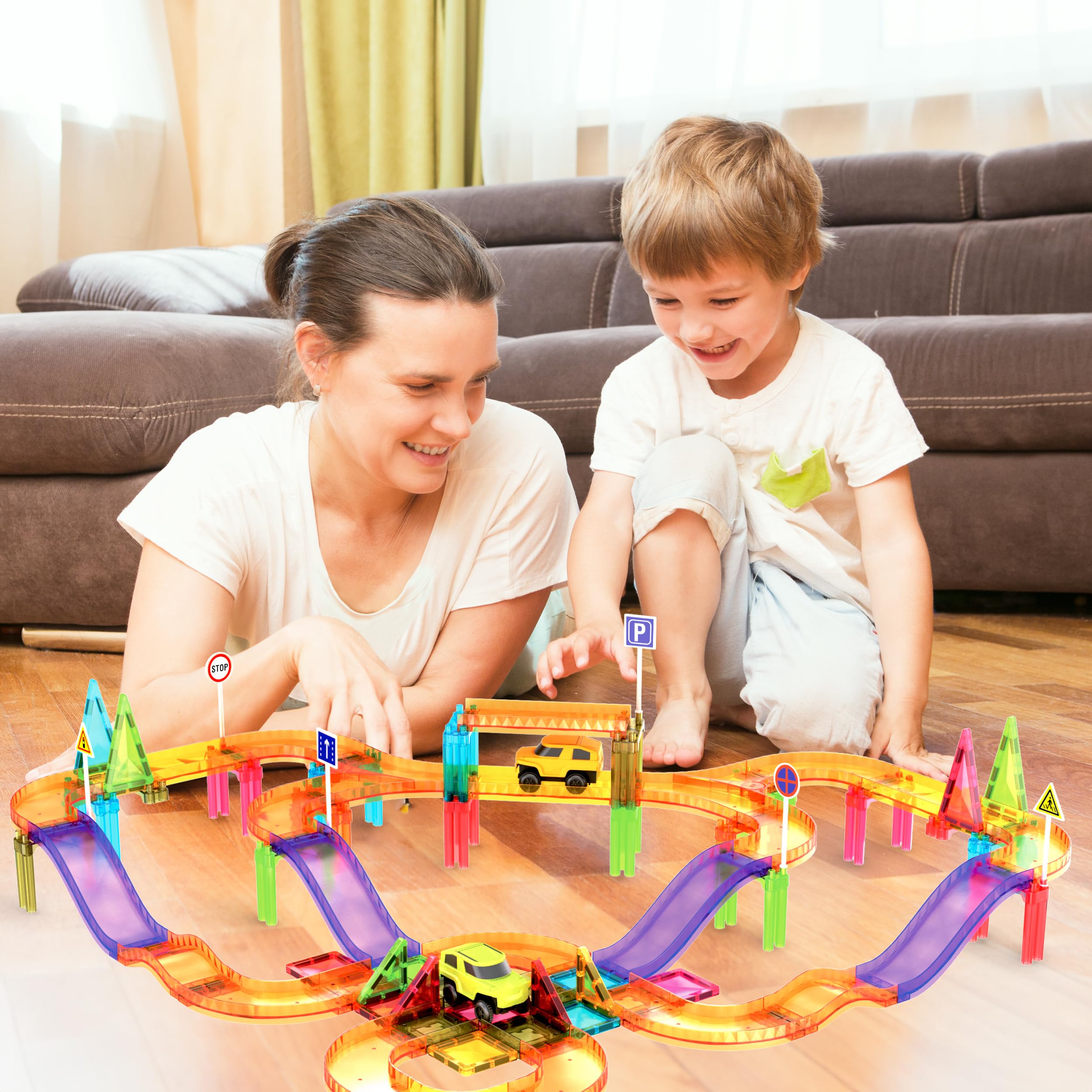 PicassoTiles 60pc race cars on magnets and ramps for hands-on exploration.