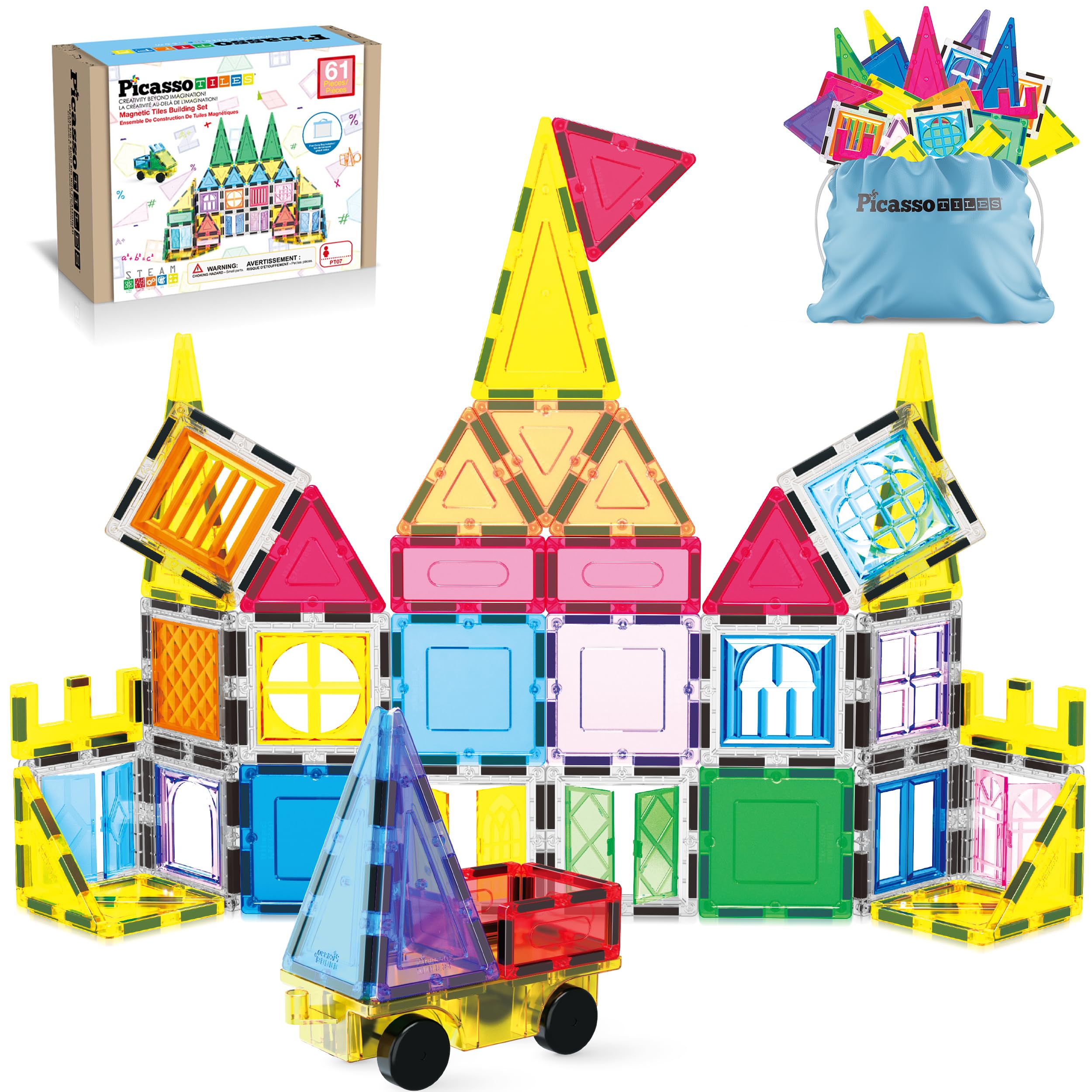 PicassoTiles 61-piece magnetic tiles set for imaginative building and fine motor practice.
