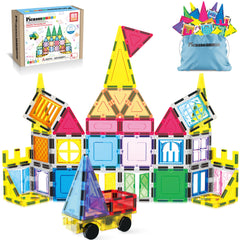 PicassoTiles 61-piece magnetic tiles set for imaginative building and fine motor practice.