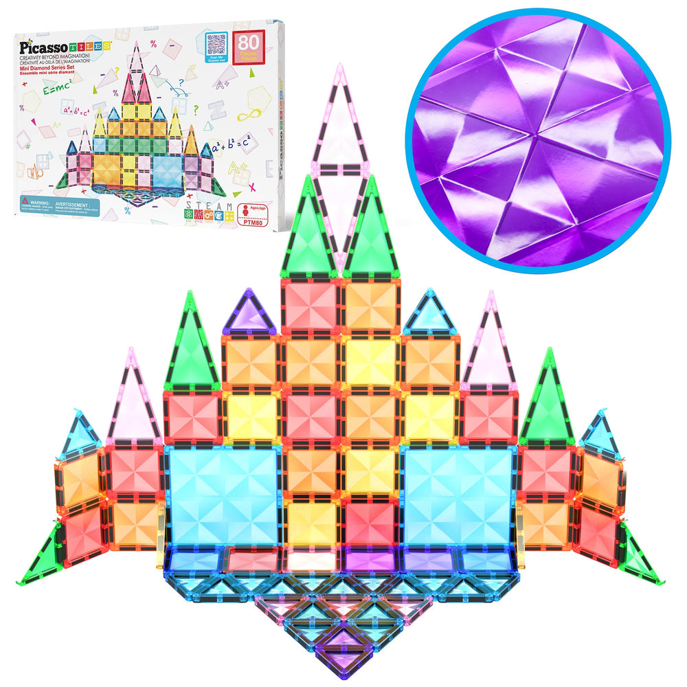 PicassoTiles 80pc mini travel tiles case for easy on-the-go play.