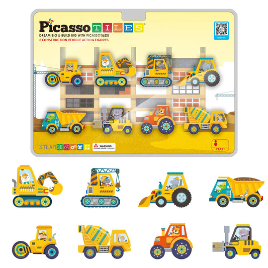 PicassoTiles action figures excavator for magnetic tile play and construction.