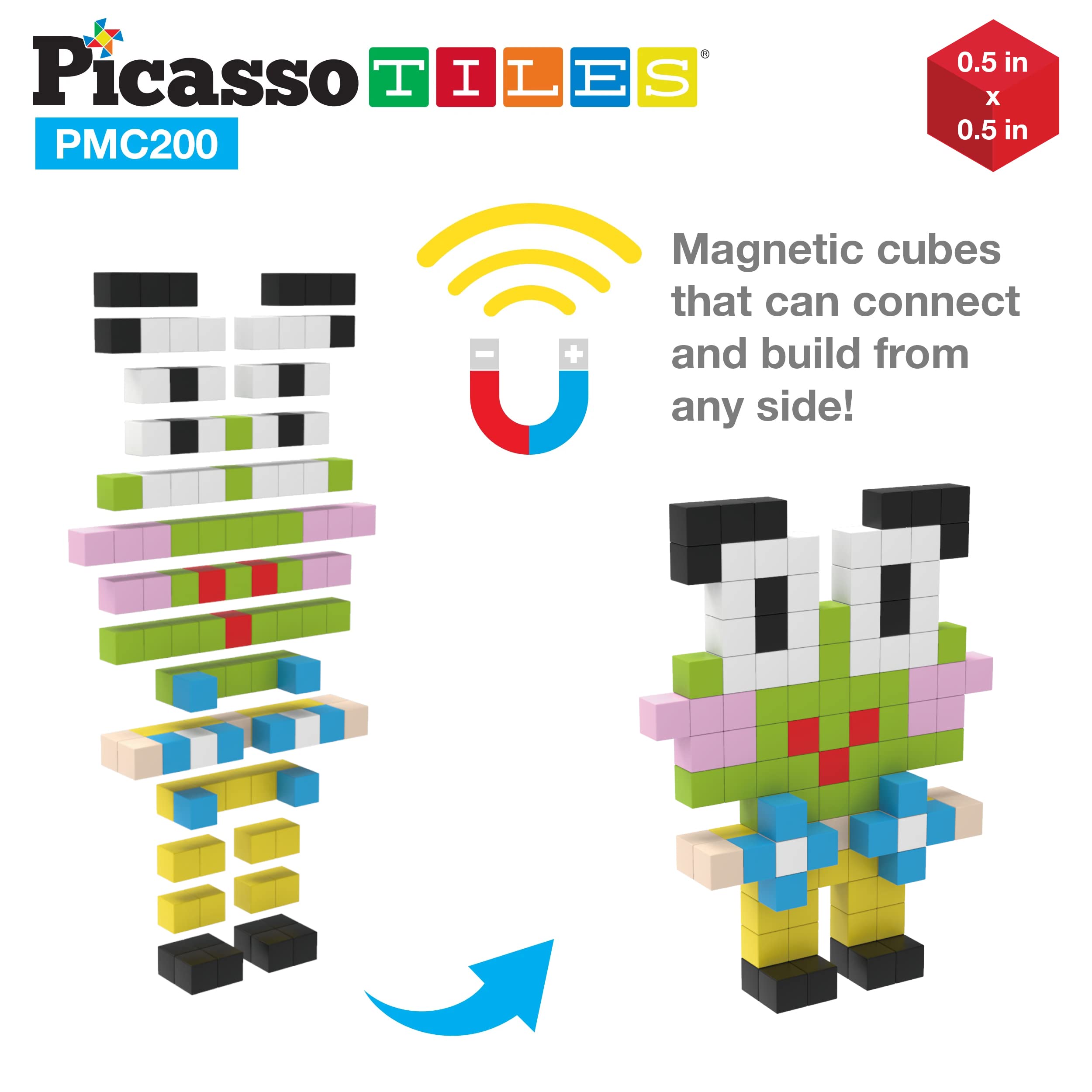 Vibrant PicassoTiles models like animals, cars, and dinosaurs crafted from cubes.