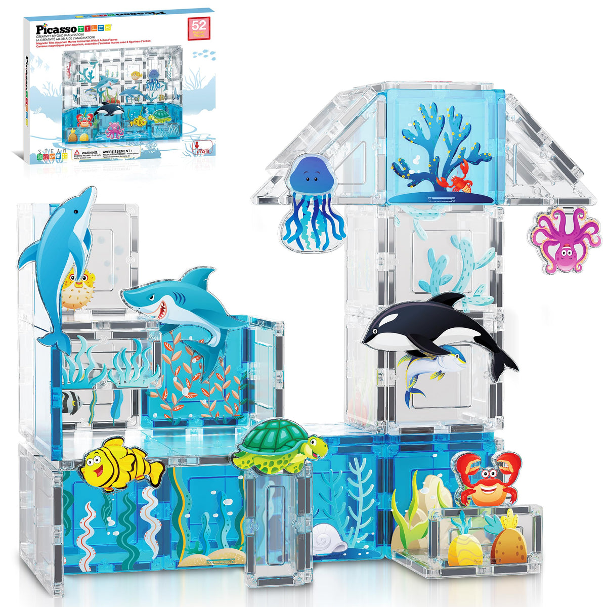 PicassoTiles aquarium orca figure supports imaginative play and storytelling.